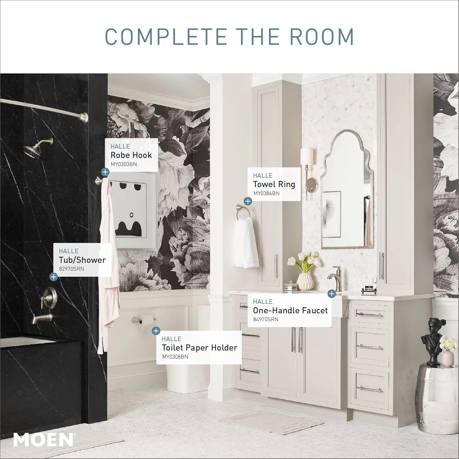 Moen Halle Brushed Nickel Moen MY0386BN Halle Single Post Bathroom Hand Towel Ring, MY0386BN (Pack of 3)