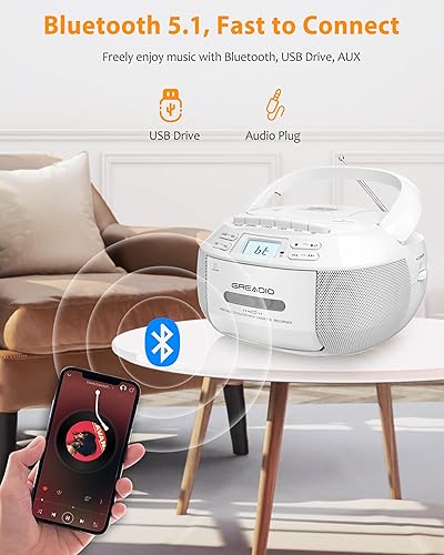 Miniatura 4 de Greadio Reproductor de CD Boombox Cassette Combo con Bluetooth, radio AM/FM, sonido estéreo con control remoto, unidad AUX/USB, grabación de cinta