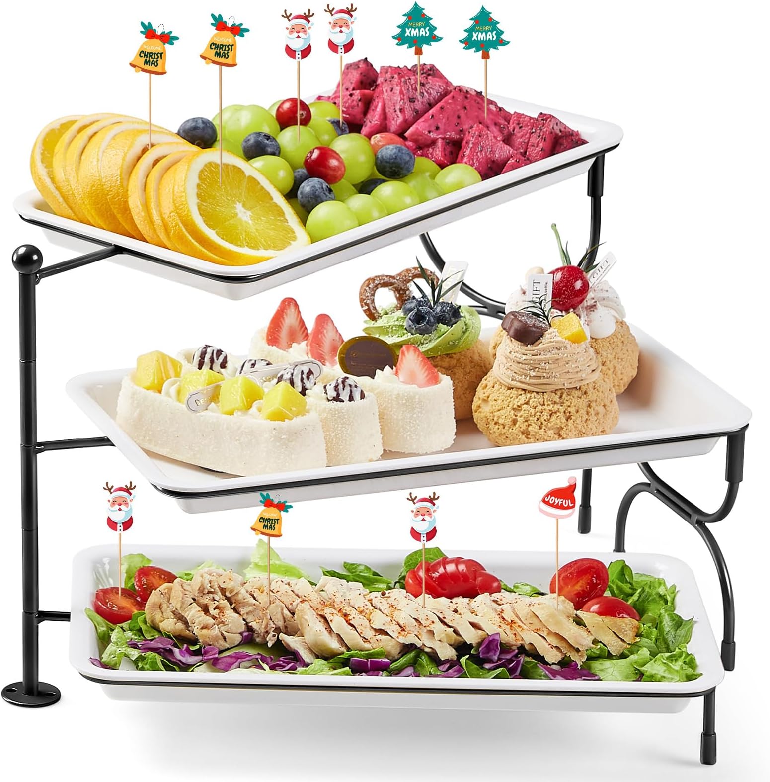 Lifewit 3 Tier Serving Tray, 30 x 17 cm/12 x 6.5 White Plastic Tiered Food Serving Platters, Rotating Tiered Tray Stand for Party with Black Collapsible Metal Stand, Dessert Table Stands for Cookies
