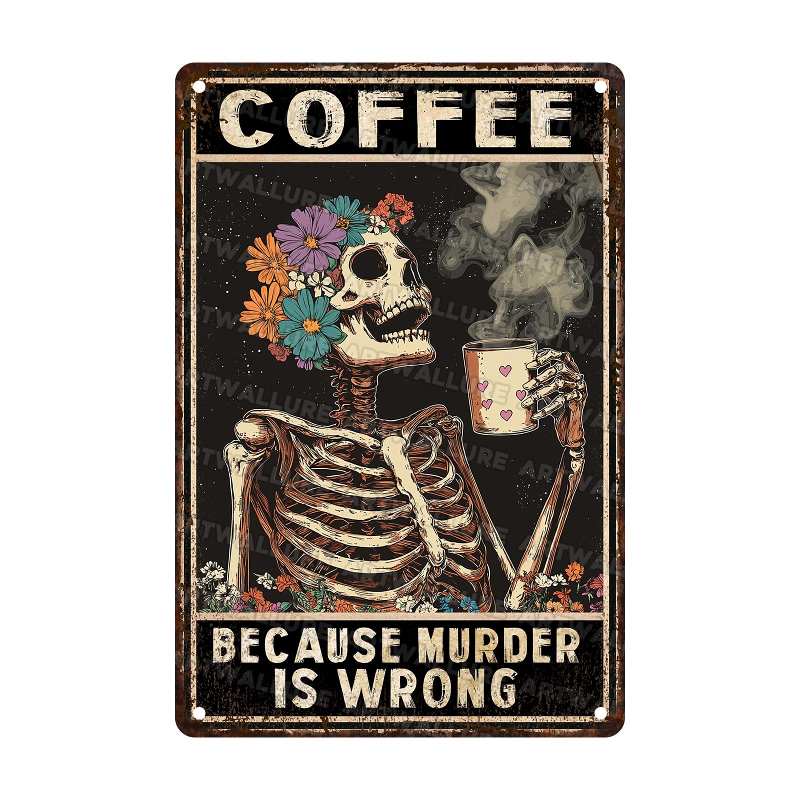 Gothic Skull Coffee Metal Sign Retro Flower Skull Wall Decor Vintage Tin Sign For Cafe Bar Club Office Home Decoration 8x12inch