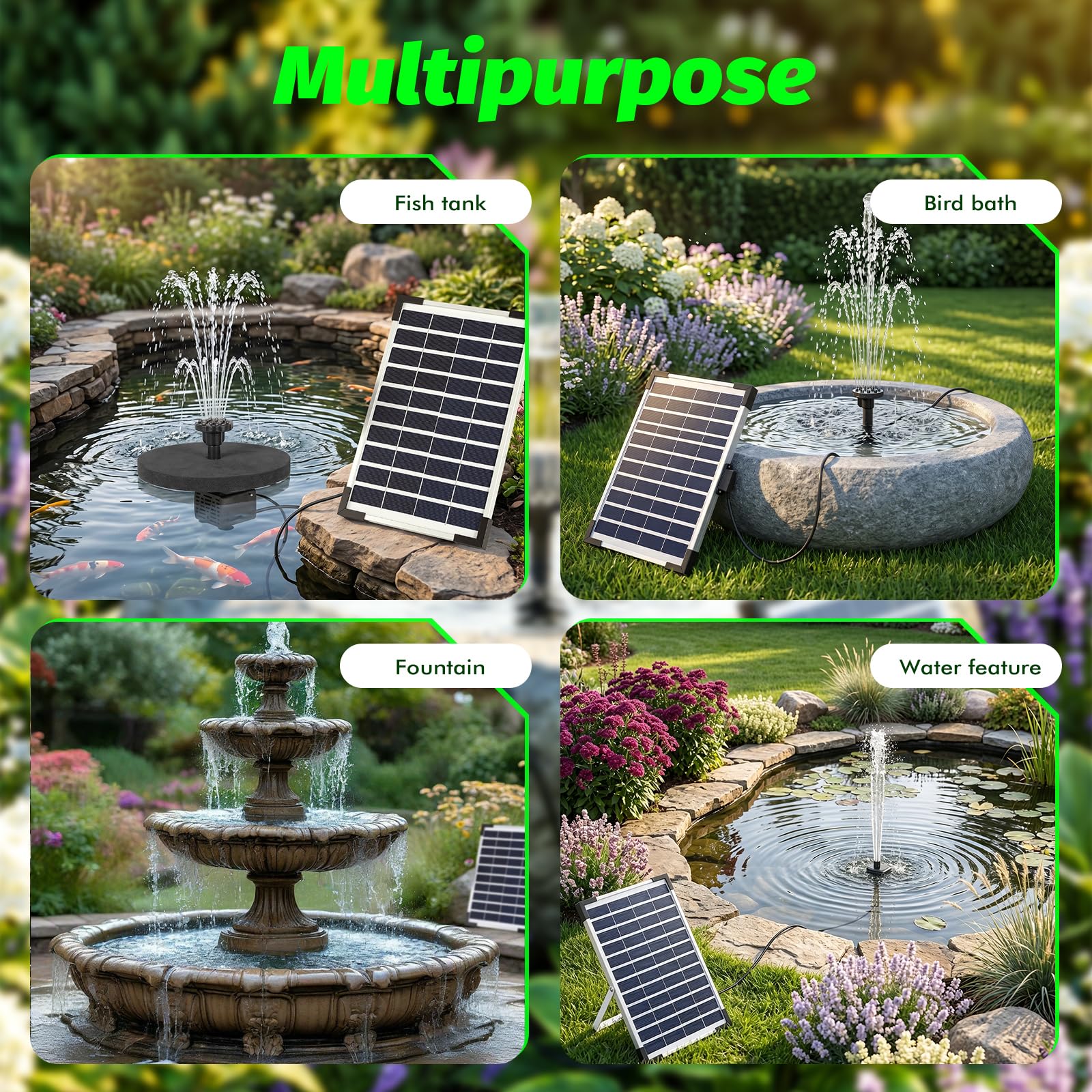 Solar Springbrunnenpumpe 8W mit 3600mAh Akku, Solar Wasserpumpe für Gartenteich Vogelbad, Outdoor Wasserspiel Kit mit 6 Düsen & Trockenlaufschutz, Max Flow 380L/H für DIY Wasserfall Dekor