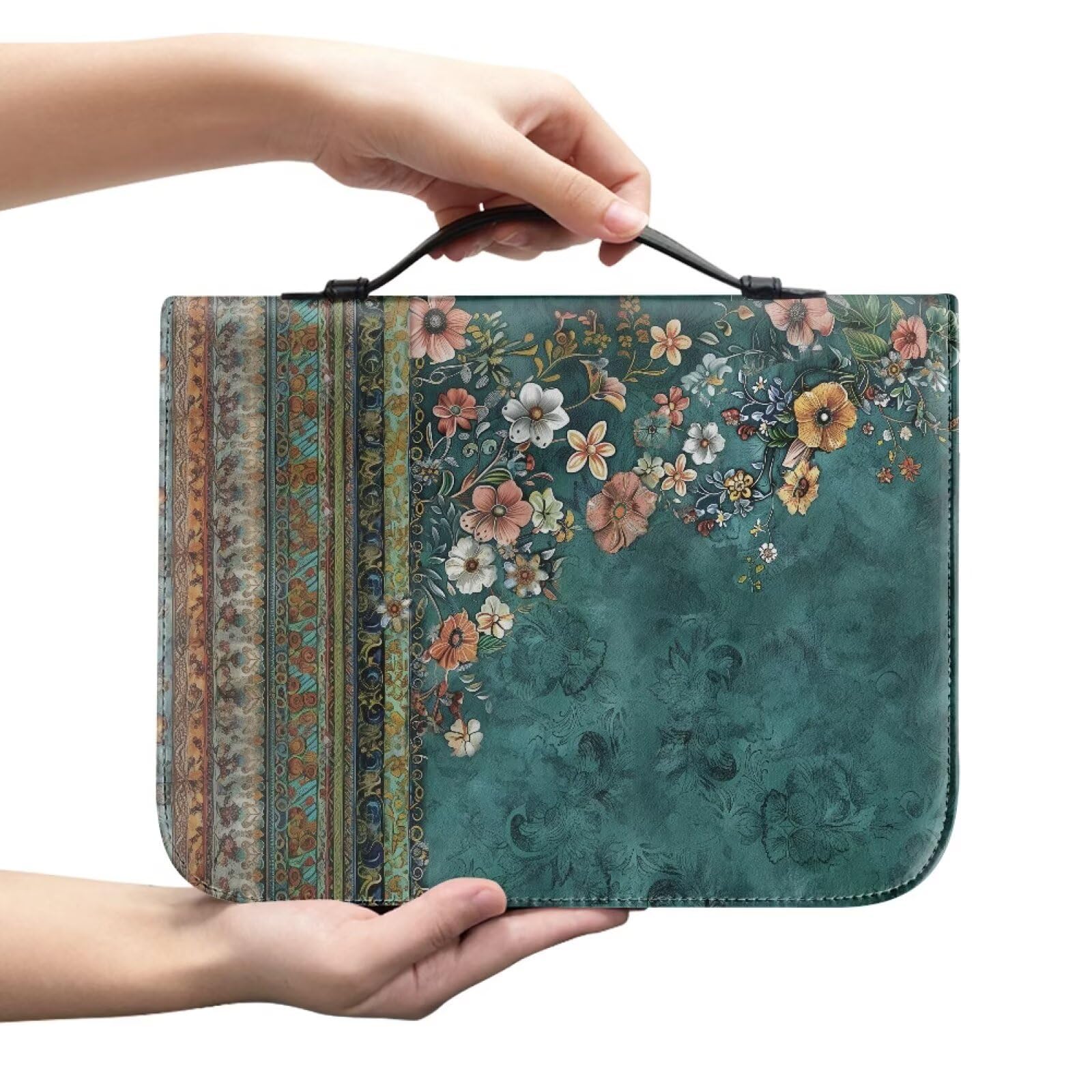 Kuiaobaty Vintage Teal Floral Bible Cover - PU Leather Book Case Protective with Handle, Best Gifts for Women, Girls, Mother
