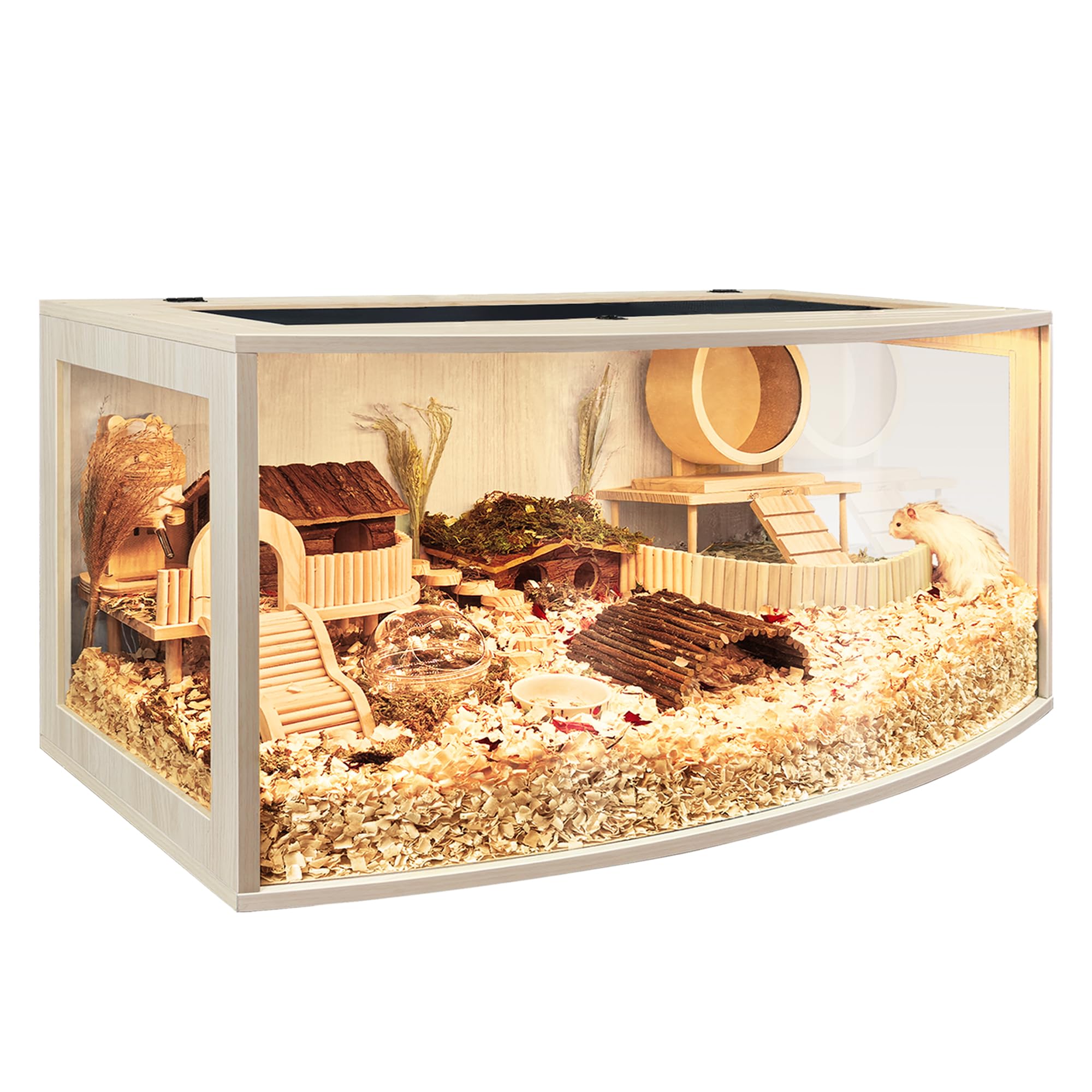 Prolee Hamster Cage Chew Proof Wood, Hamsters Enclosure Openable Top with Curved Design,Waterproof Small Animals Cage with Acrylic Sheets for Gerbils,