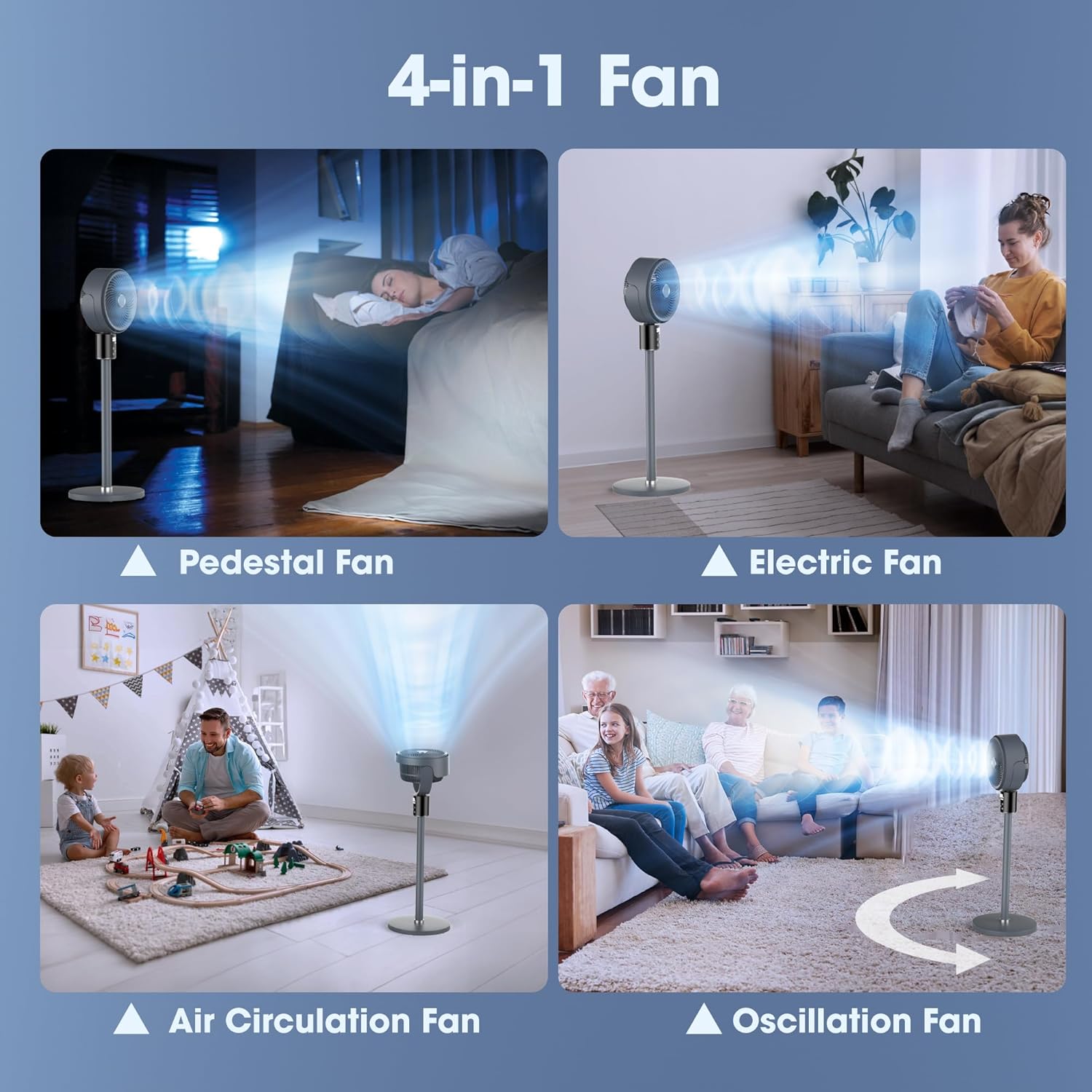 100ft CirculAir Oscillating Standing Fan for Bedroom, Quiet Pedestal Floor Fan with 17"-37.8" Adjustable Height, AC Motor, Ultra Quiet 36-50dB, Touch & Remote Control, 3 Speeds, 12H Timer