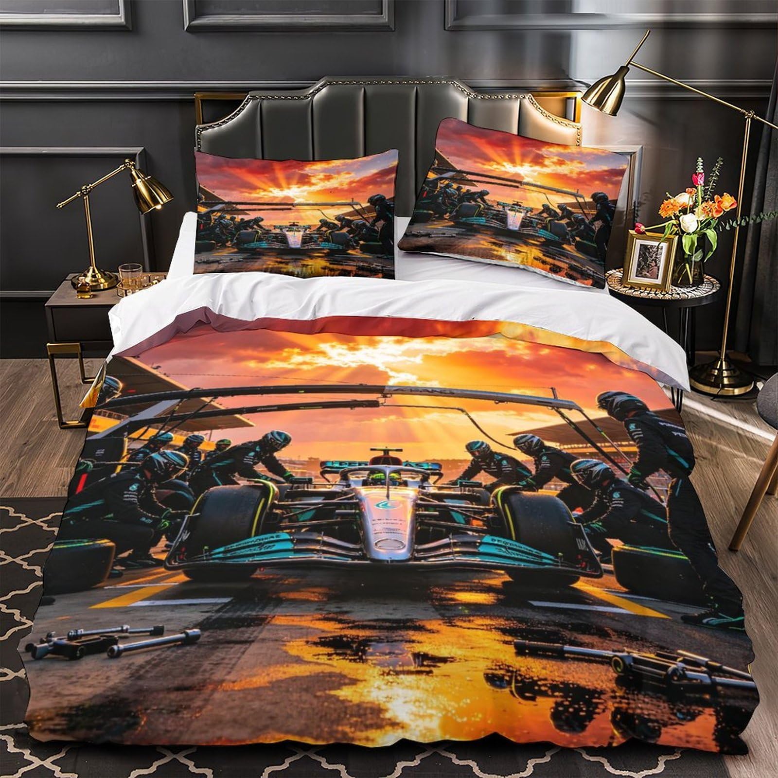 XiaopangXY Mercedess Racing Duvet Cover Single（140x200cm）, Pit Stop Bedding Set Soft & Cozy Percale Weave, Pit Stop Comforter Cover with Zipper Closure for Boy & Girl & Adults