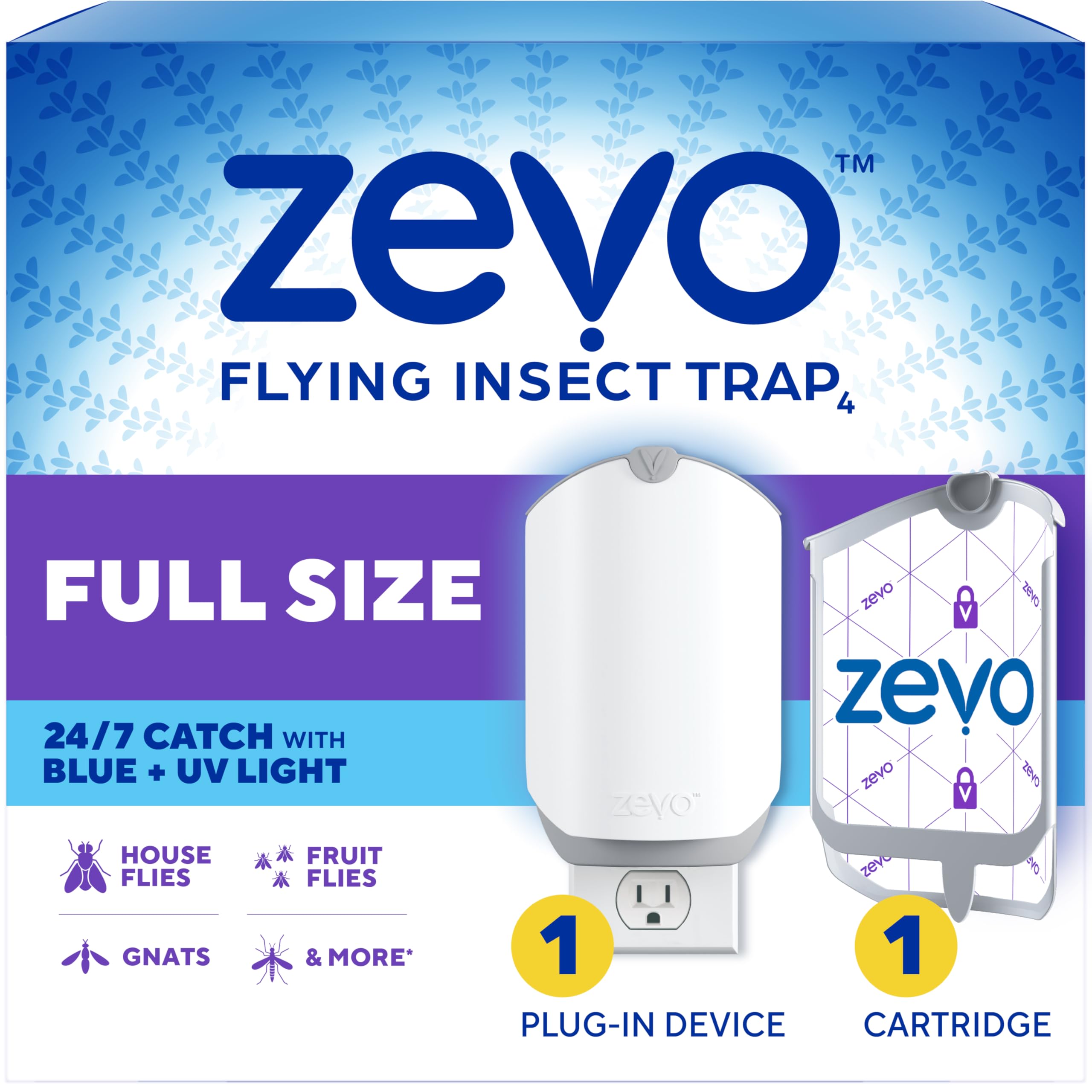 Zevo Flying Insect Trap & Cartridge - Plug in Fly Trap & Indoor Bug Catcher for Gnats, House & Fruit Flies - Mess-Free - Use in Any Room - Uses Blue & UV Light (1 Plug in Device & 1 Cartridge)