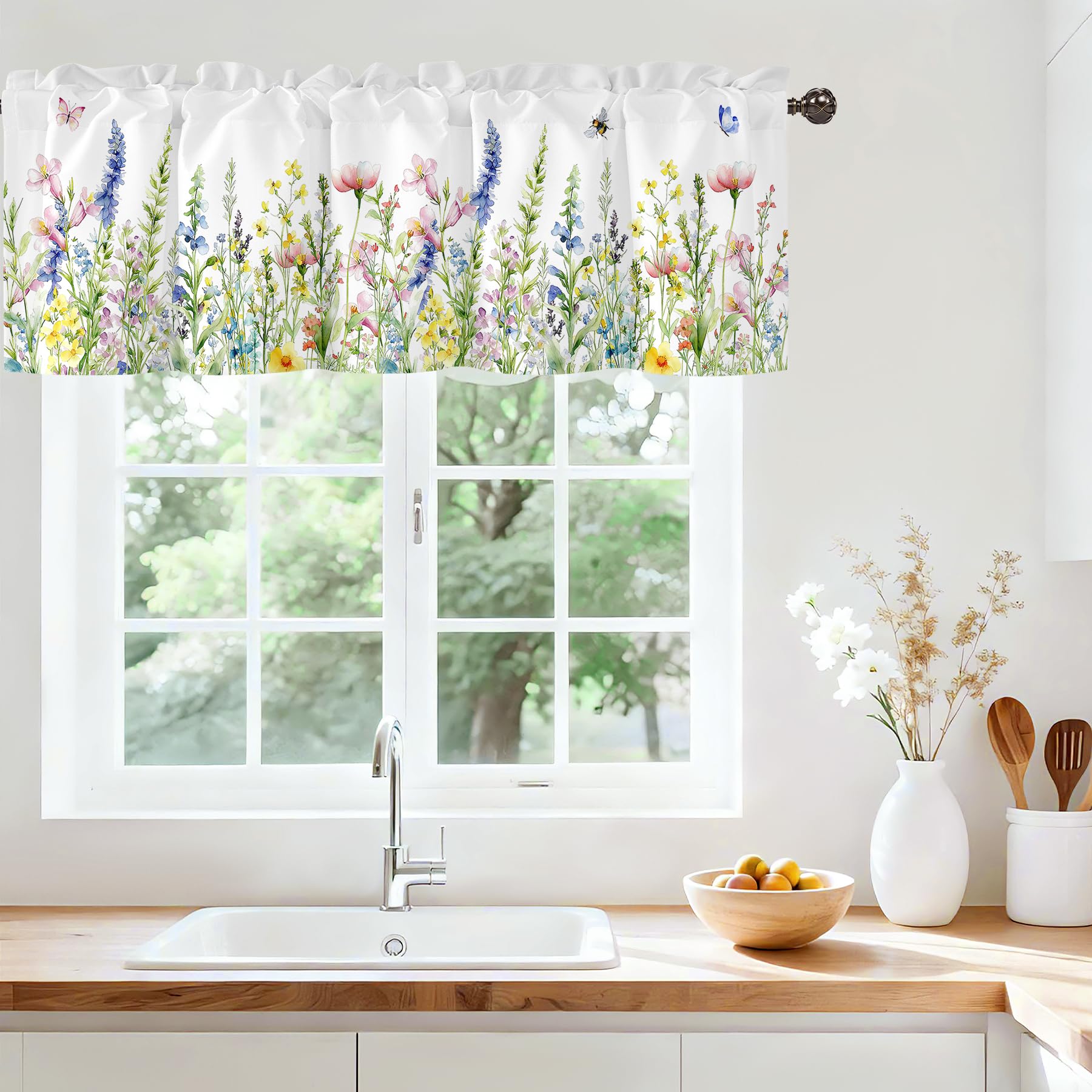 Spring Wildflower Green Leaves Valance Curtains, Rod Pocket 42x12 in