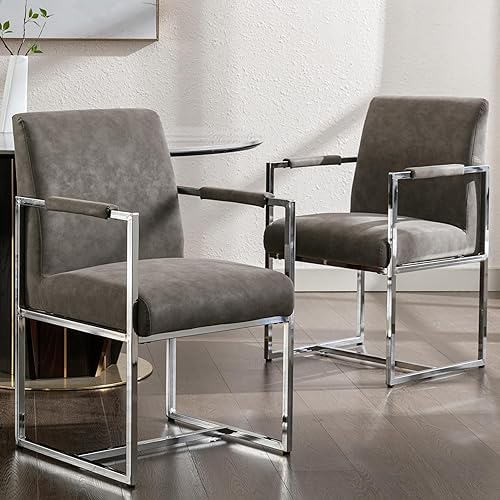RIVOVA Juego de 2 sillas de comedor grises modernas de mediados de siglo, sillas de comedor tapizadas de cuero con patas de metal cromado para