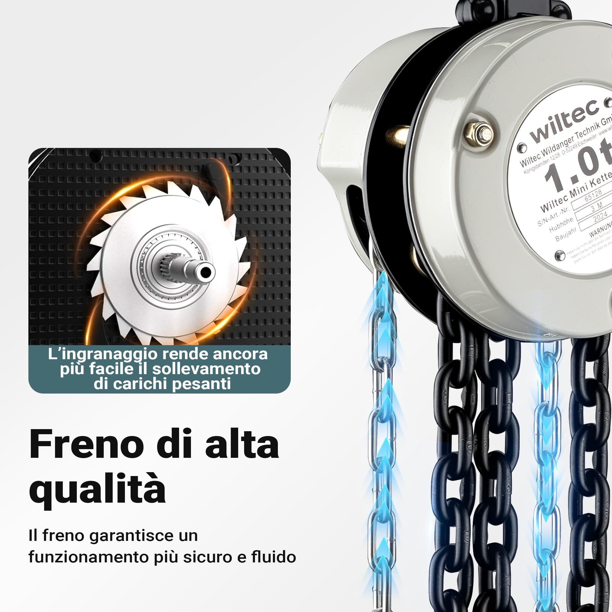 Wiltec Mini paranco a catena manuale VSK-1, capacità di carico 1 t, altezza di sollevamento 3 m, per sollevare e abbassare carichi pesanti in officine, magazzini e cantieri, per impieghi gravosi