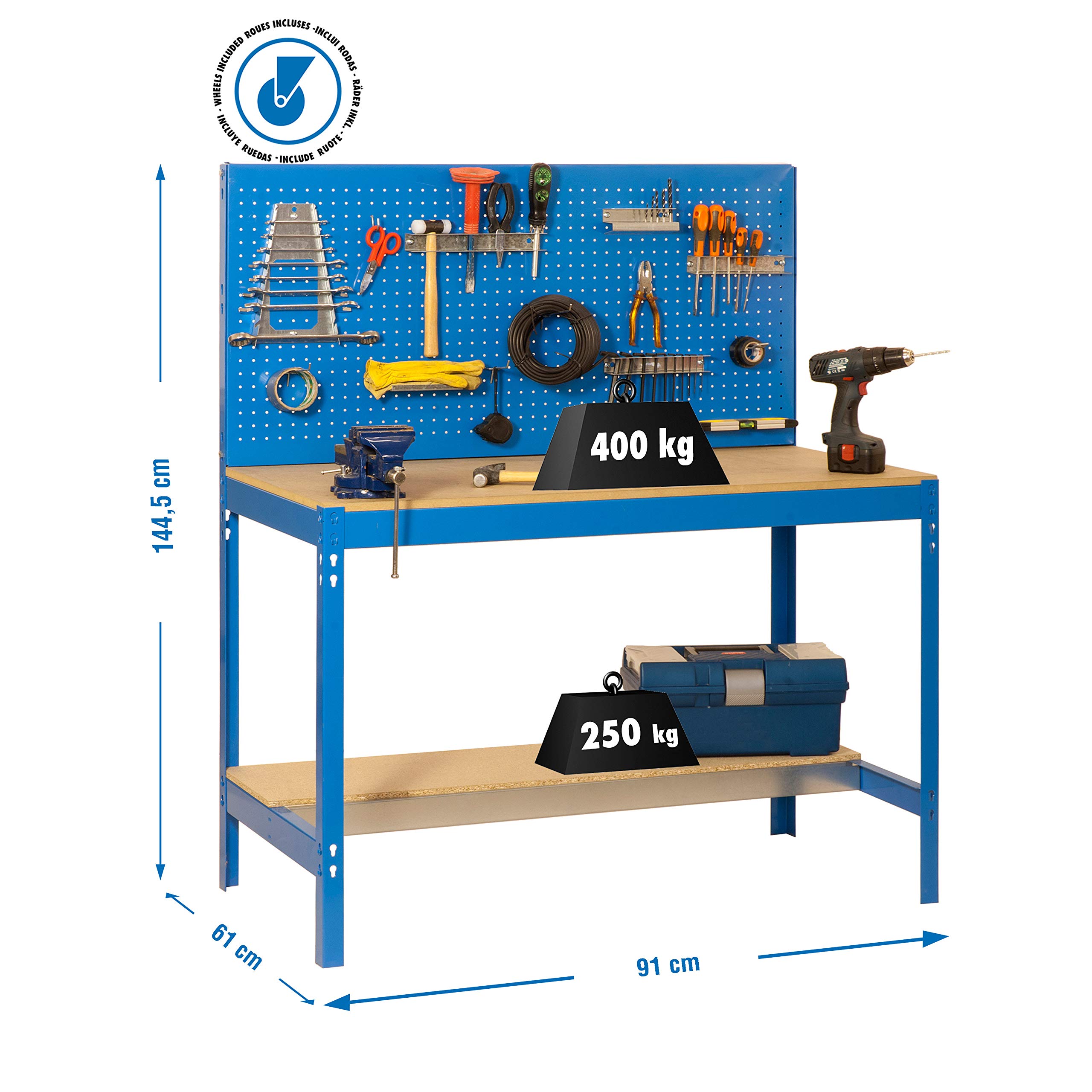 Simon Rack Banco de Trabajo Taller con Ruedas 910x610 mm - BT2 | Panel Perforado, Tablero madera 16 mm, Capacidad Carga 120 kg, Azul , Pintura anticorrosión, Montaje sistema clic