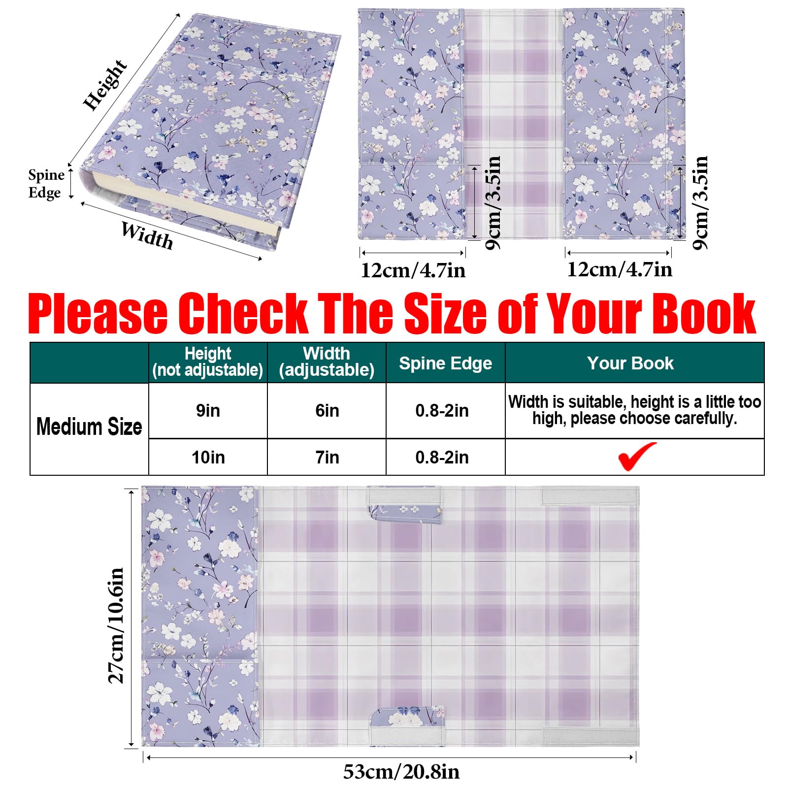 Fundas ajustables para libros, protector de libros de tela de lona lavable con bolsillos, marcapáginas, doble cara con estampado floral, funda para libro de tapa dura, novelas, libros de texto,