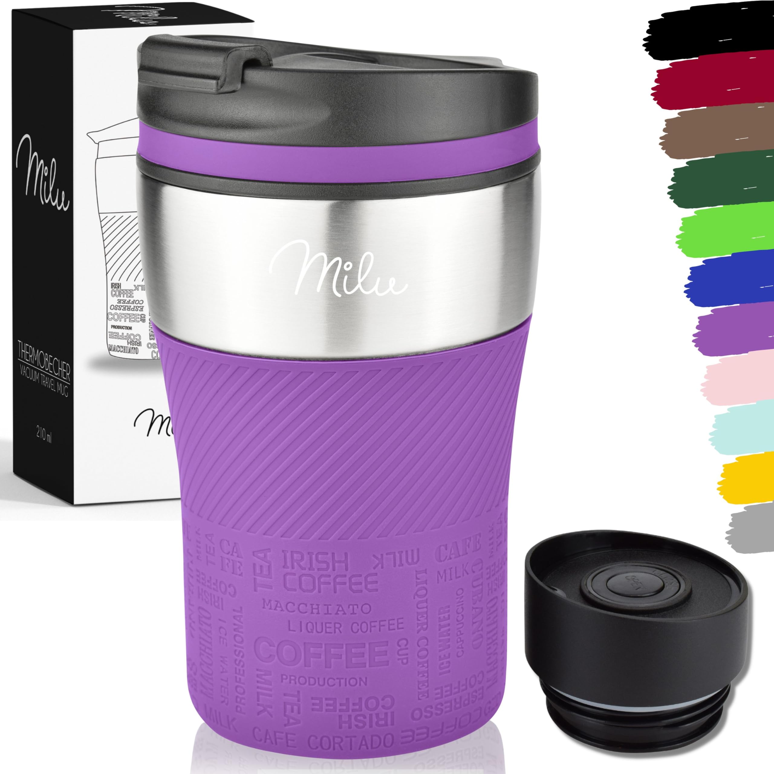 Milu Thermobecher Kaffee to go - 210ml - 100% Auslaufsicher – Isolierbecher, Kaffeebecher, Trinkbecher aus Edelstahl - Autobecher doppelwand Isolierung - Travel Mug (Violett)