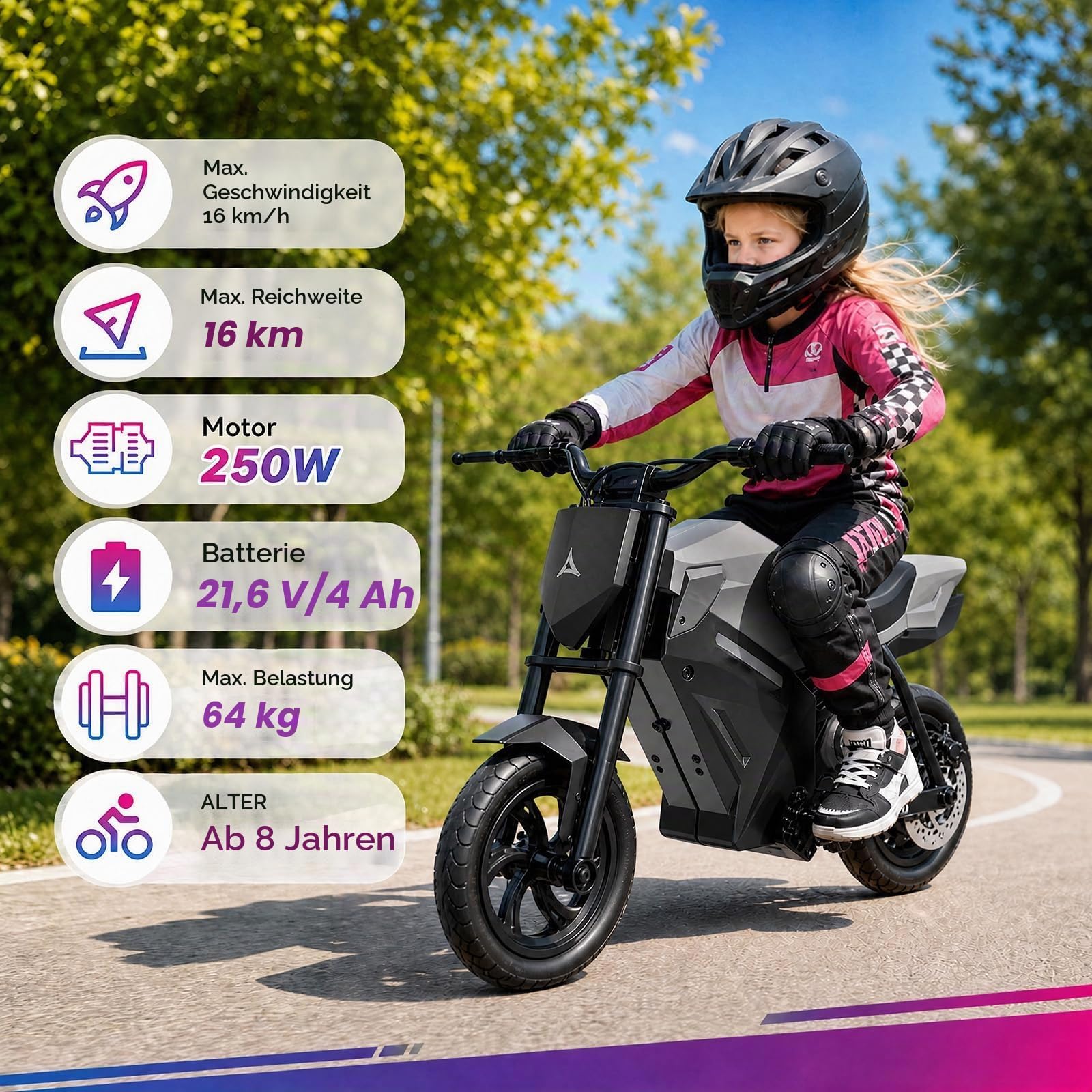 Moto elettrica per bambini, motore da 250 W, 21,6 V, 4 Ah (argento)
