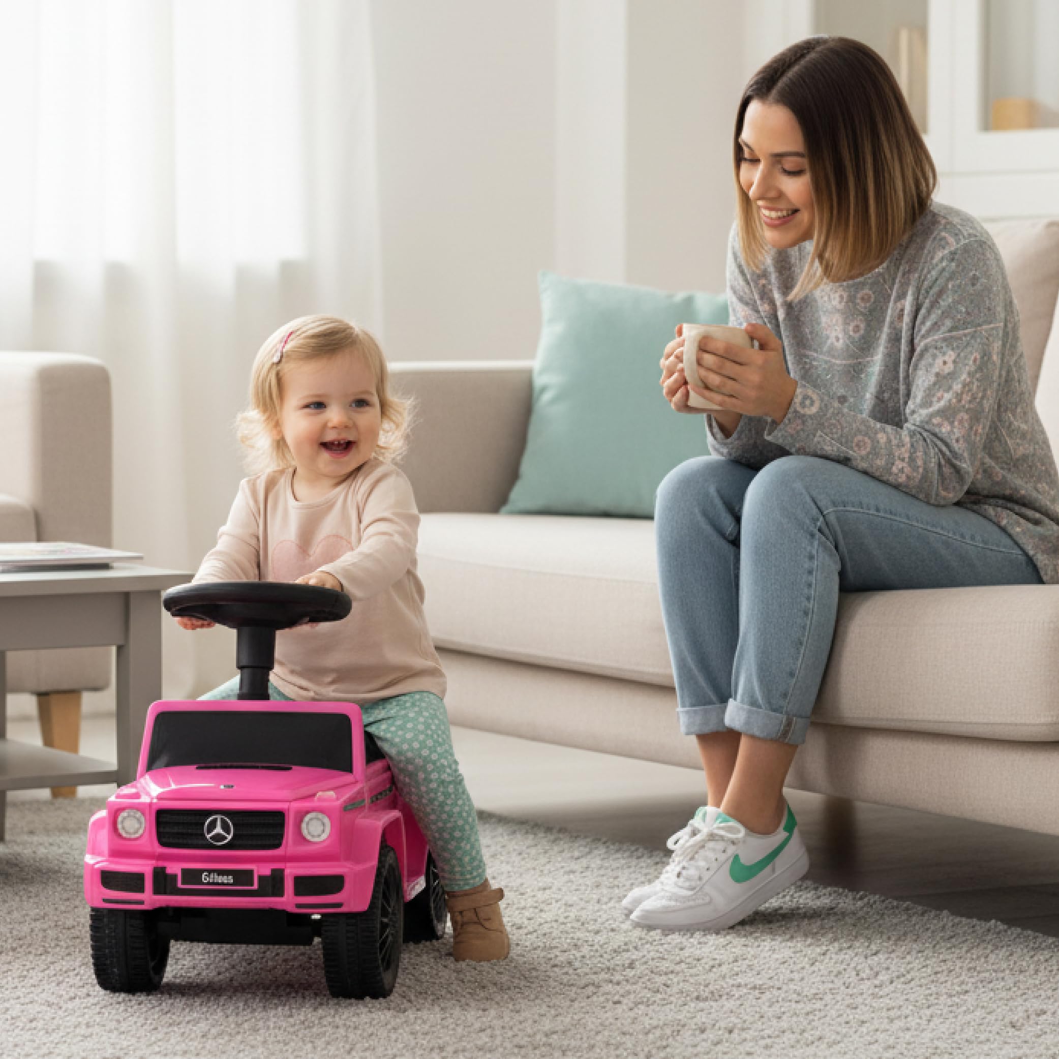 sun baby Coche de Empuje Mercedes Benz G, Coche para Niños a Partir de 1 año, Volante con Sonido, guantera, Rueda de Repuesto Falsa (Rosa)