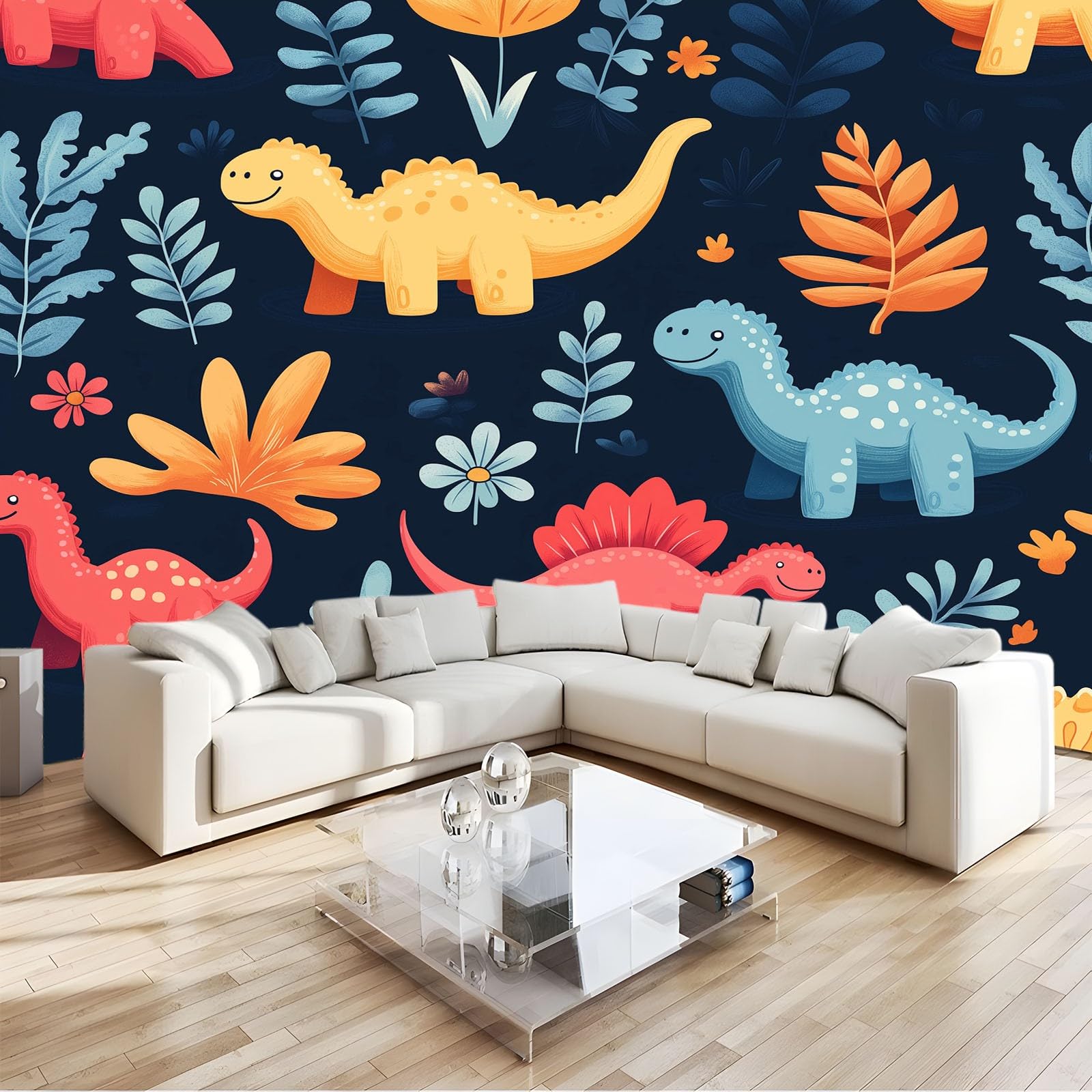 Figurki z kreskówek, dinozaury, rośliny, kwiaty, sztuka, fototapeta, 250 x 175 cm, efekt 3D, obraz ścienny, tapeta ścienna, nowoczesna tapeta ścienna, do salonu, na ścianę, mural, pokój dziecięcy, tło