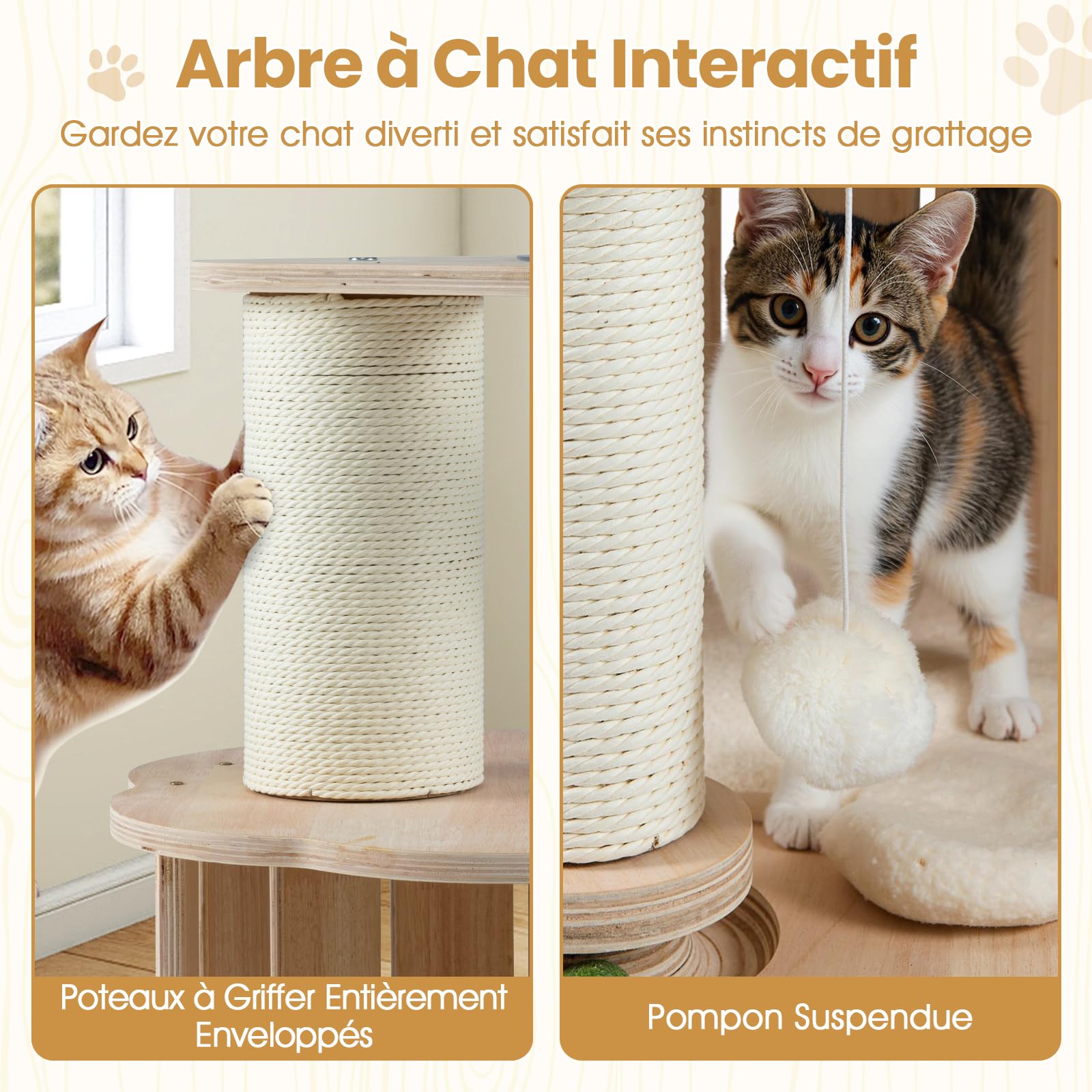 COSTWAY Petit Arbre à Chat Bois 73 cm, Condo, Capsule, Circuit à Billes pour Chat en Bois avec 4 Balles, 2 Poteaux à Griffer, Arbre a Chat Design, Coussin Amovible Lavable, Pompon Suspendu