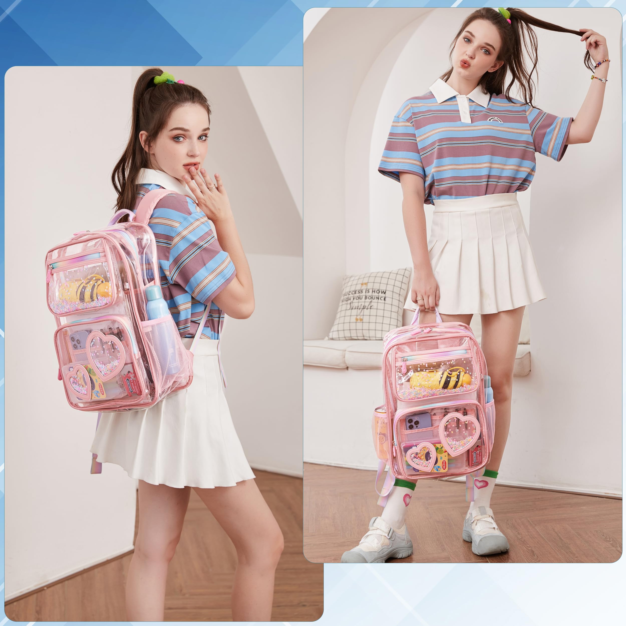 Transparenter Rucksack für Schule, Stadion, Events, strapazierfähig, durchsichtig, dick, transparent, Büchertasche für Teenager, Mädchen, Frauen