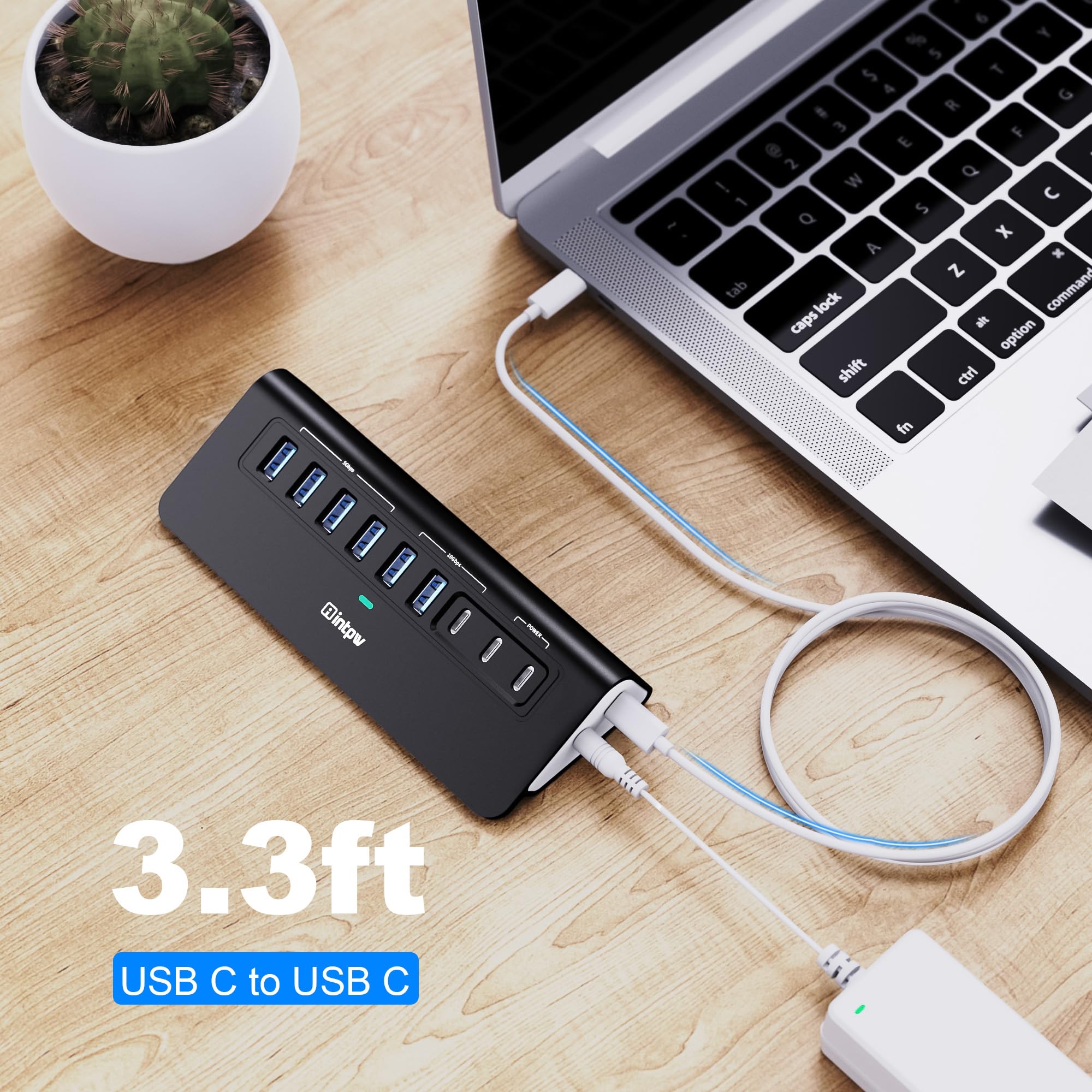 intpw Hub USB alimentato da 10 Gbps, hub USB 3.2 a 9 porte, hub USB C con 3 USB 3.2, 4 USB 3.0, 2 porte di ricarica PD da 45 W, cavo da 3,3 m e adattatore di alimentazione da 65 W, hub USB in
