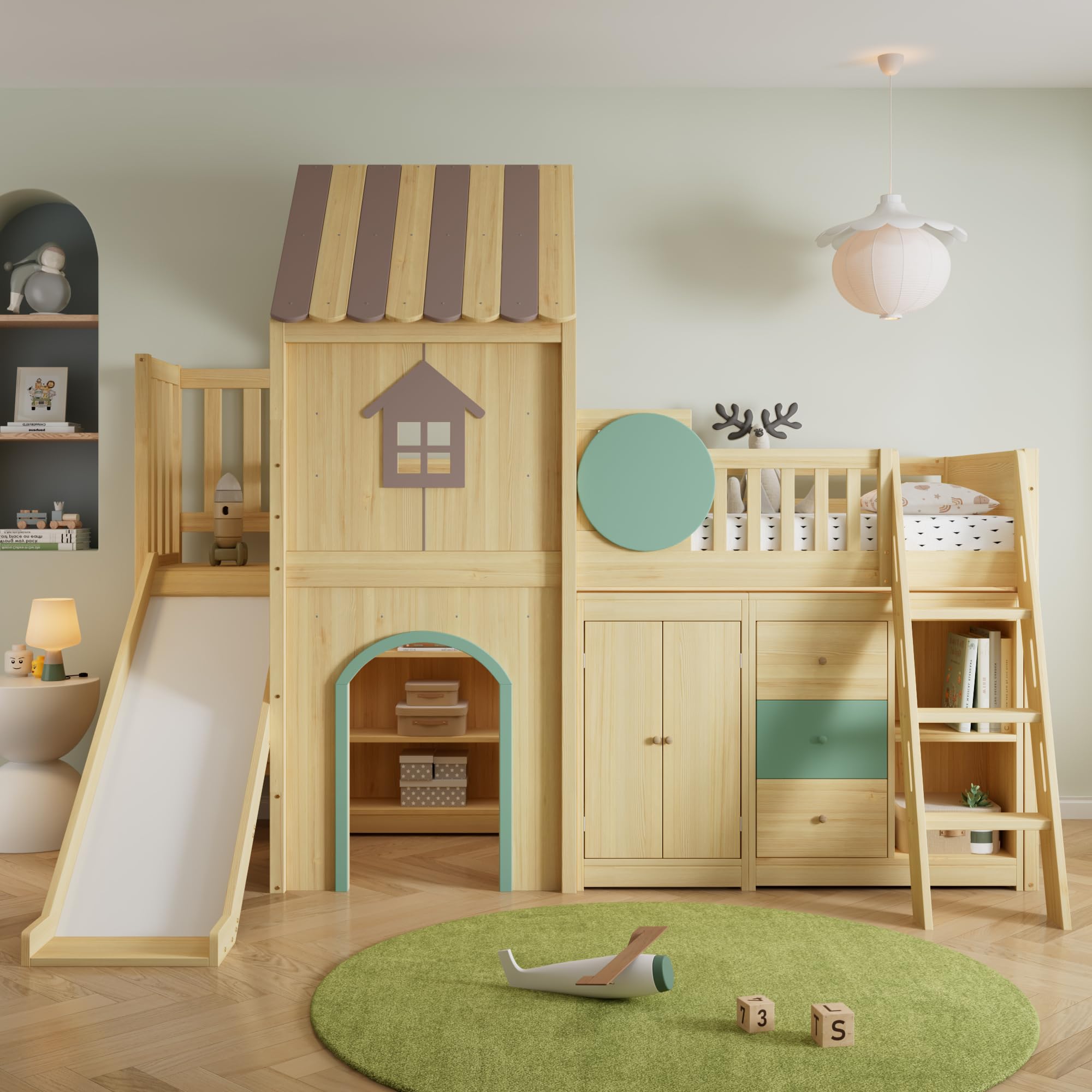 Merax Hochbett 90x200 cm Etagenbett mit Treppe und Rutsche, Hausdesign Bettgestell aus Kiefer und MDF, mit Schrank, Schubladen und Ablagefächern, Natur Grün
