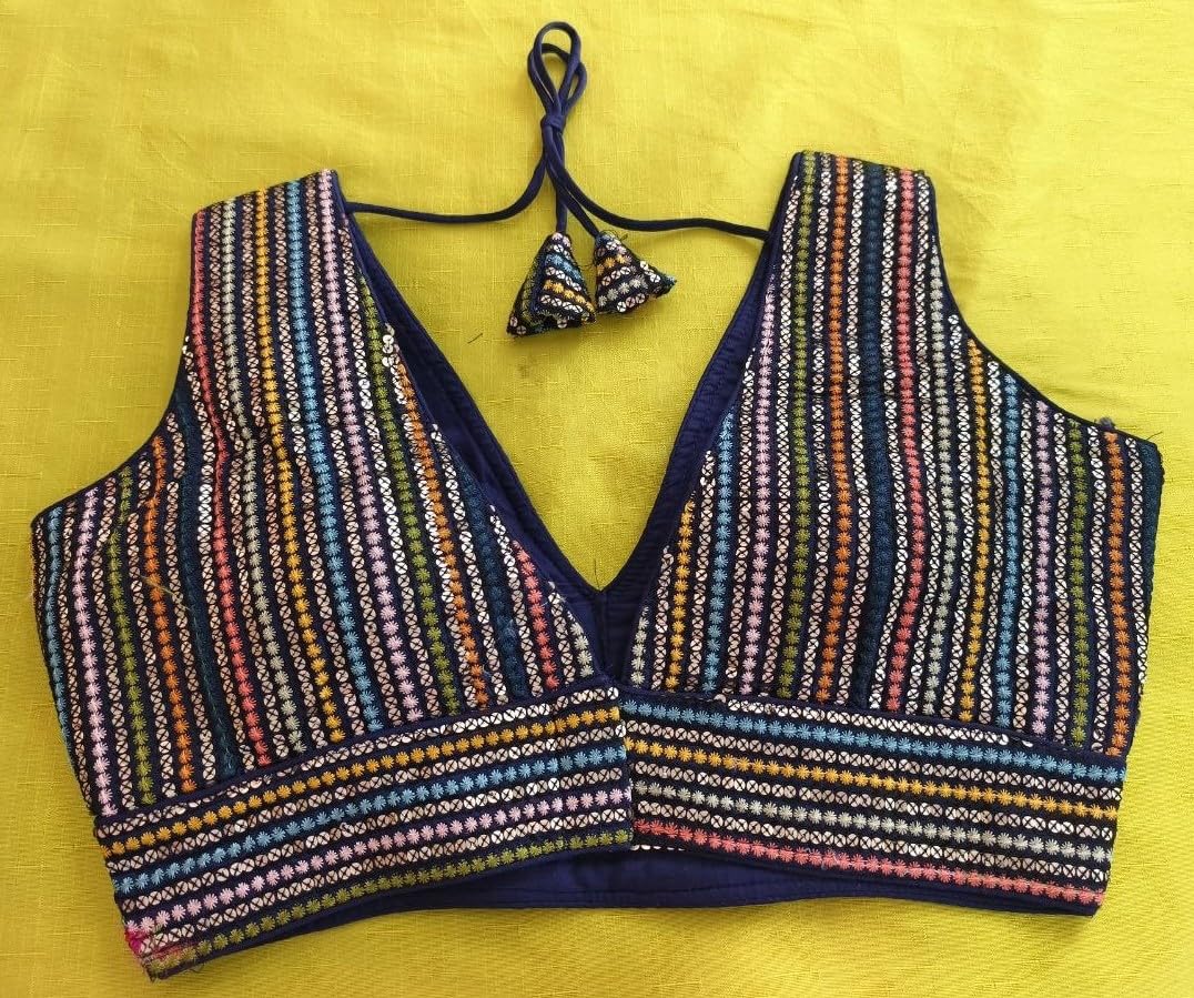 Pujia Mills Women's Sleeveless Sabyasachi Pattern V Neck Embroidery Work With Sequence Indian Ethnic Wear Readymade Saree Blouse For Lehenga Choli (Navy Blue, 38)