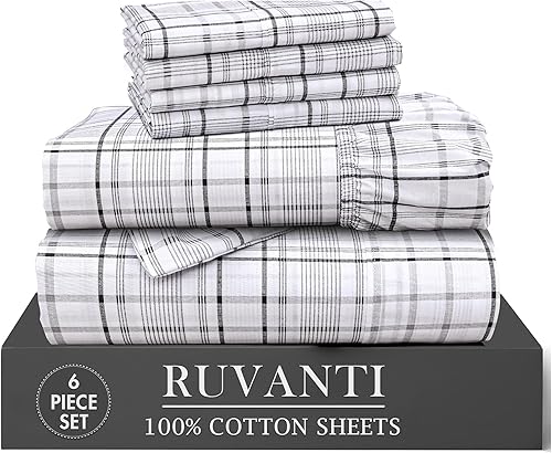 RUVANTI Juego de sábanas de 6 piezas de algodón 100% natural de percal suave, ligero y transpirable, tamaño King, bolsillos profundos de 16