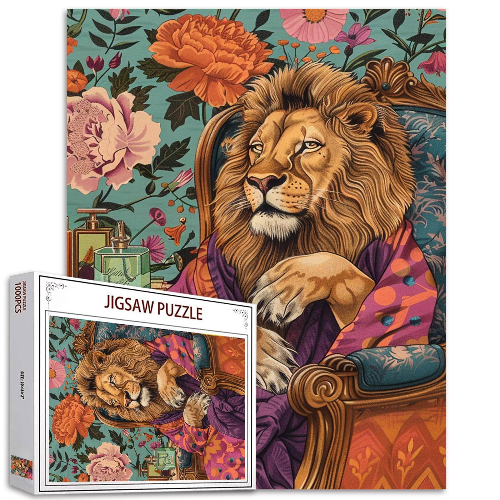 Jigsaw Puzzles for Adults - 1000 Pieces: Tiger in Clothes Sitting on the Couch, Jungle Animal Flower Art, Perfect for Home Decor & Family Game Nights