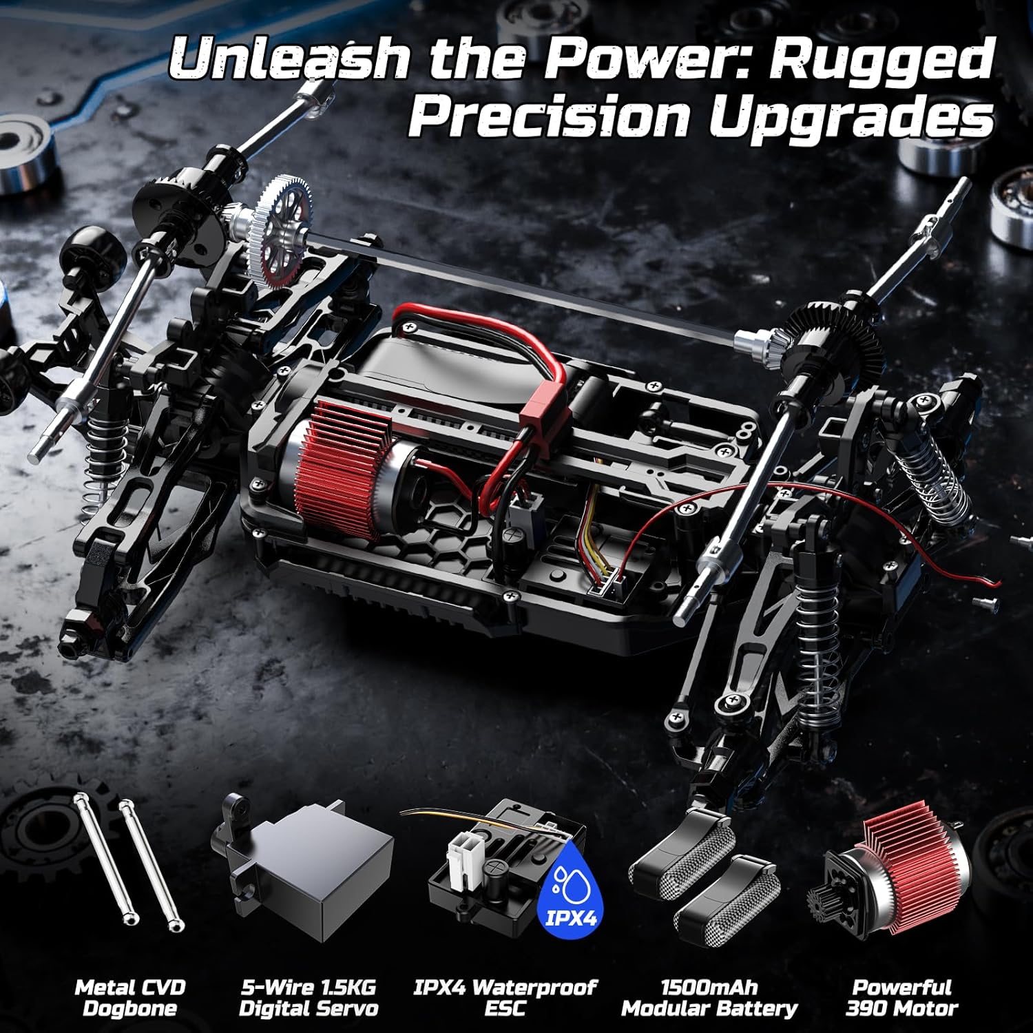 Internal view of the DEERC 9006E RC Truck chassis, showing metal drive shafts, alloy dog bones, and other components.