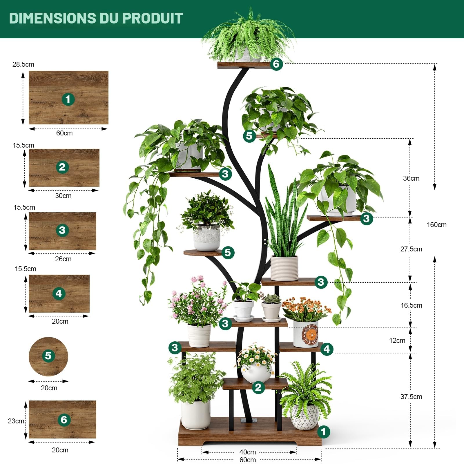 Étagère Plantes d’Intérieur à 11 Niveaux avec Lampes LED, Support Plantes en Métal 160 cm, Gain de Place pour 15–18 Pots, Coin Salon, Chambre, Balcon – Marron