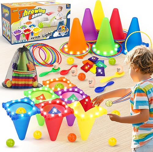 Miniatura 7 de Eocolz Juego combinado de 49 piezas de juegos de carnaval al aire libre para niños con luz LED, conos de plástico, obstáculos, puf, bolas de