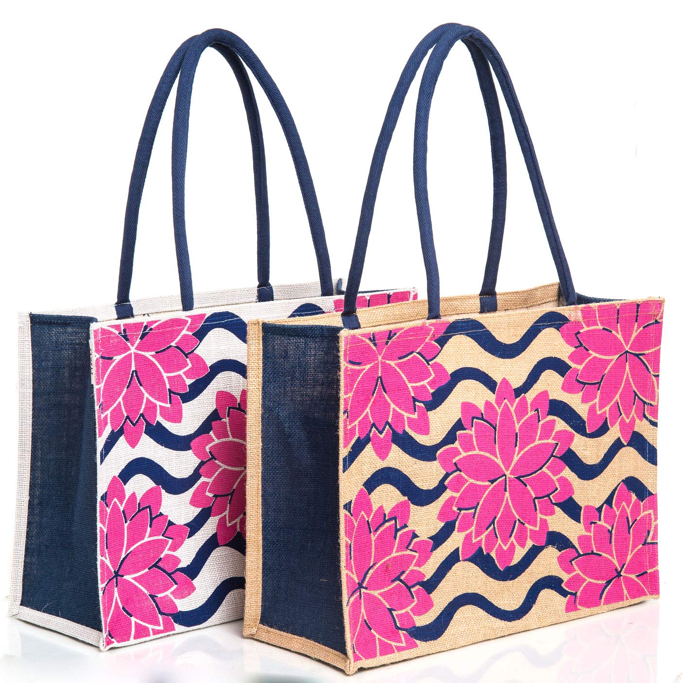 H&BJute Bag – Shopping Bag | Tote Bag | Carry Bag | Grocery Bag | Eco-Friendly Bag | Shoulder Bag | Handbag | Travel Bag | Reusable Bag - Lotus Flower (Pack of 2 Shopping Bag - White & Beige)