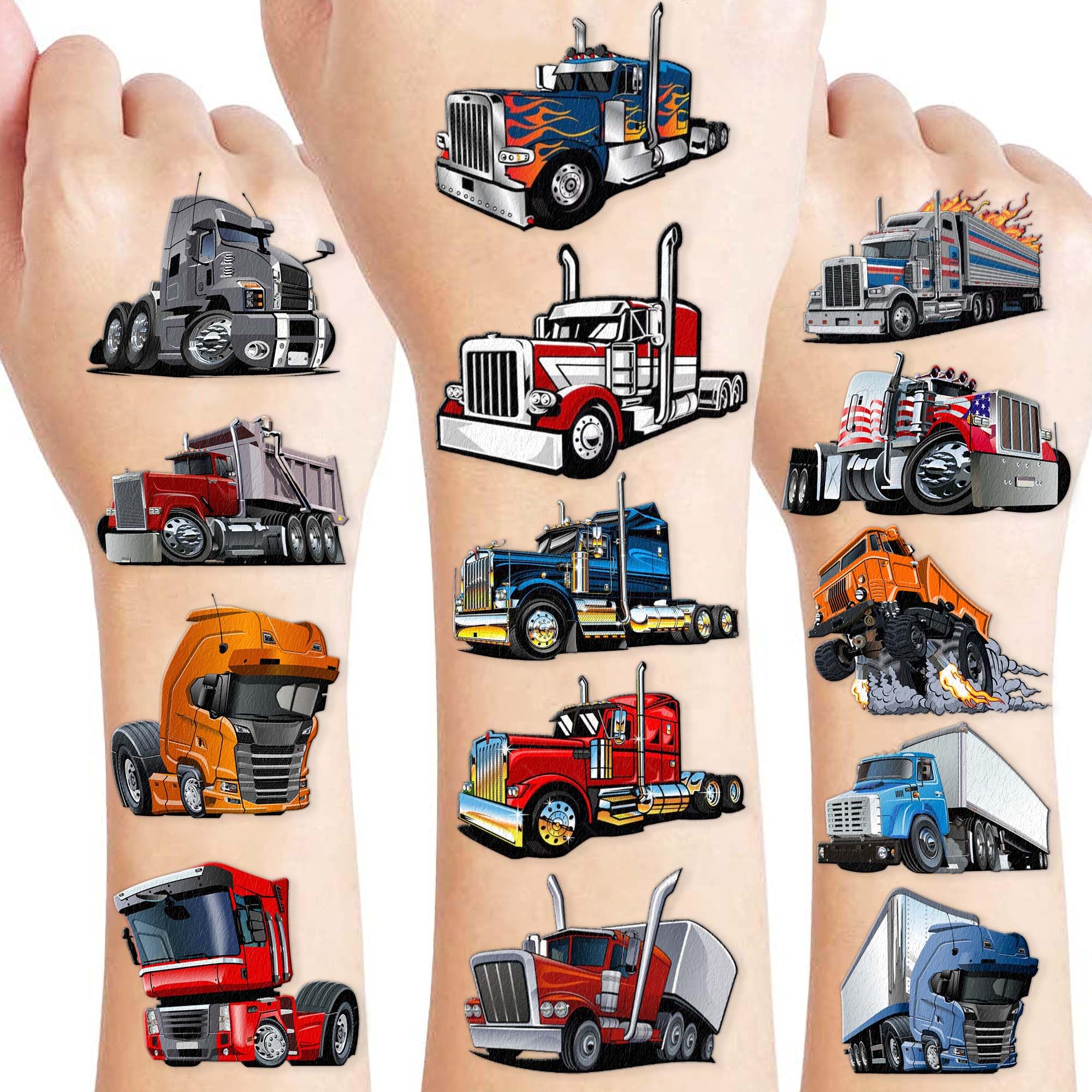 Semi Truck Temporary Tattoos for Kids – 96+ Big Rig Tattoo Stickers for Boys Girls – Transportation Theme Birthday Party Favors, Goodie Bag Fillers, Fake Waterproof Tattoos