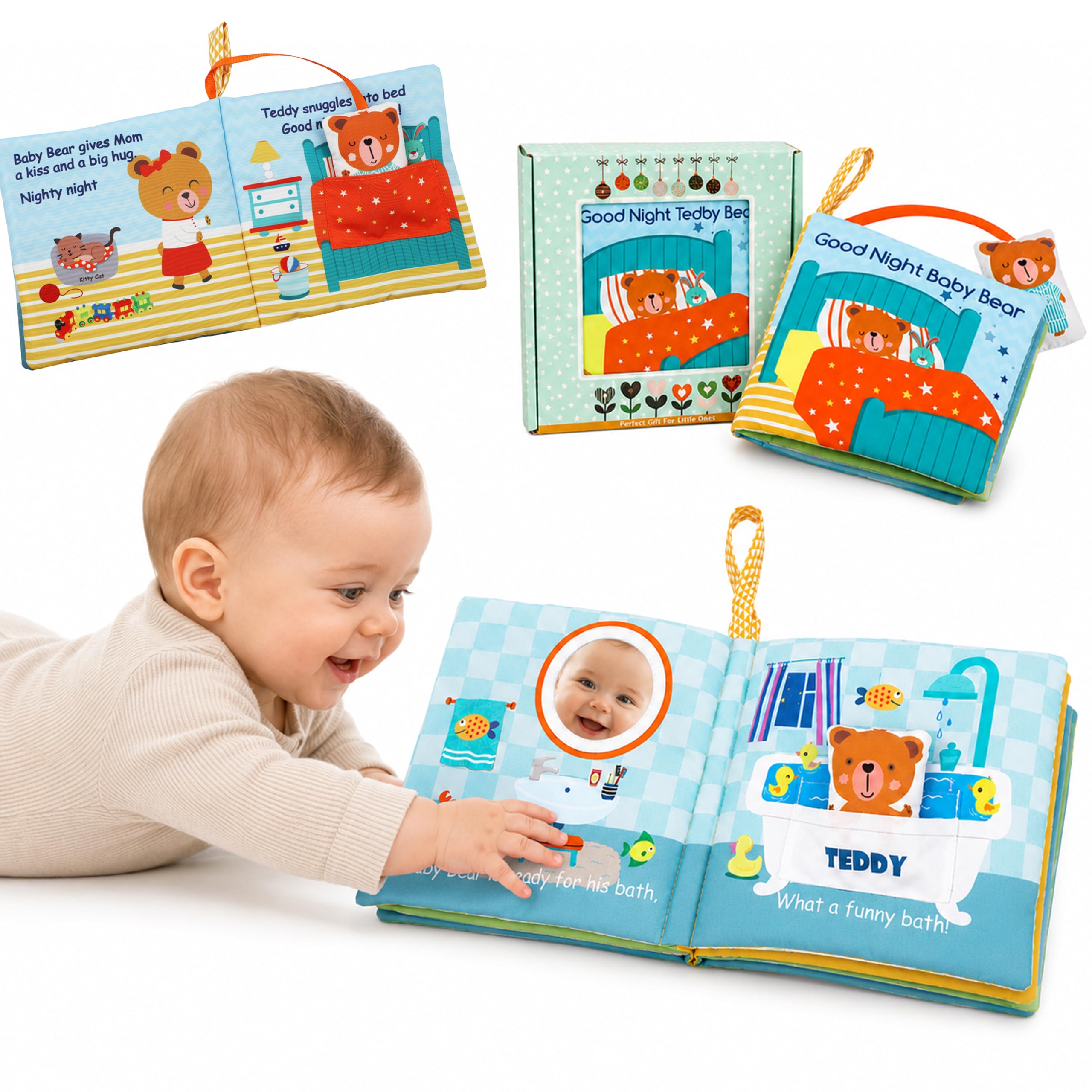Bebe Mondo Teddy Bear Tummy Time Toy with Mirror, Soft Baby Book for 0-3-6-12 Months, Infant Sensory Developmental Toy, Shower Baby Gifts,Activity Quiet Cloth Book for Newborns,1-2 Year Old Book-Night