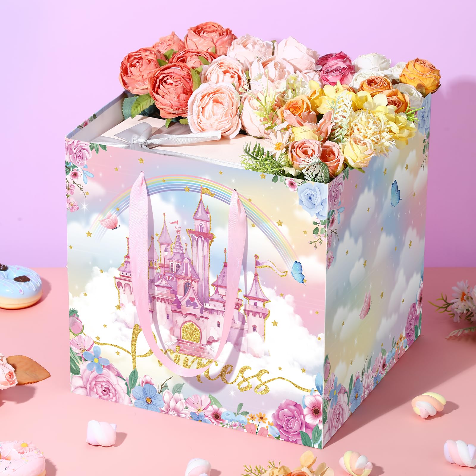 Extra Large Princess Gift Bag for Girls, Pink Castle Party Favors Bag with 6Pcs Tissue Paper Jumbo Flower Floral Gifts Bag with Handles Princess Wrapping Paper Bags for Birthday, Wedding, Baby Shower