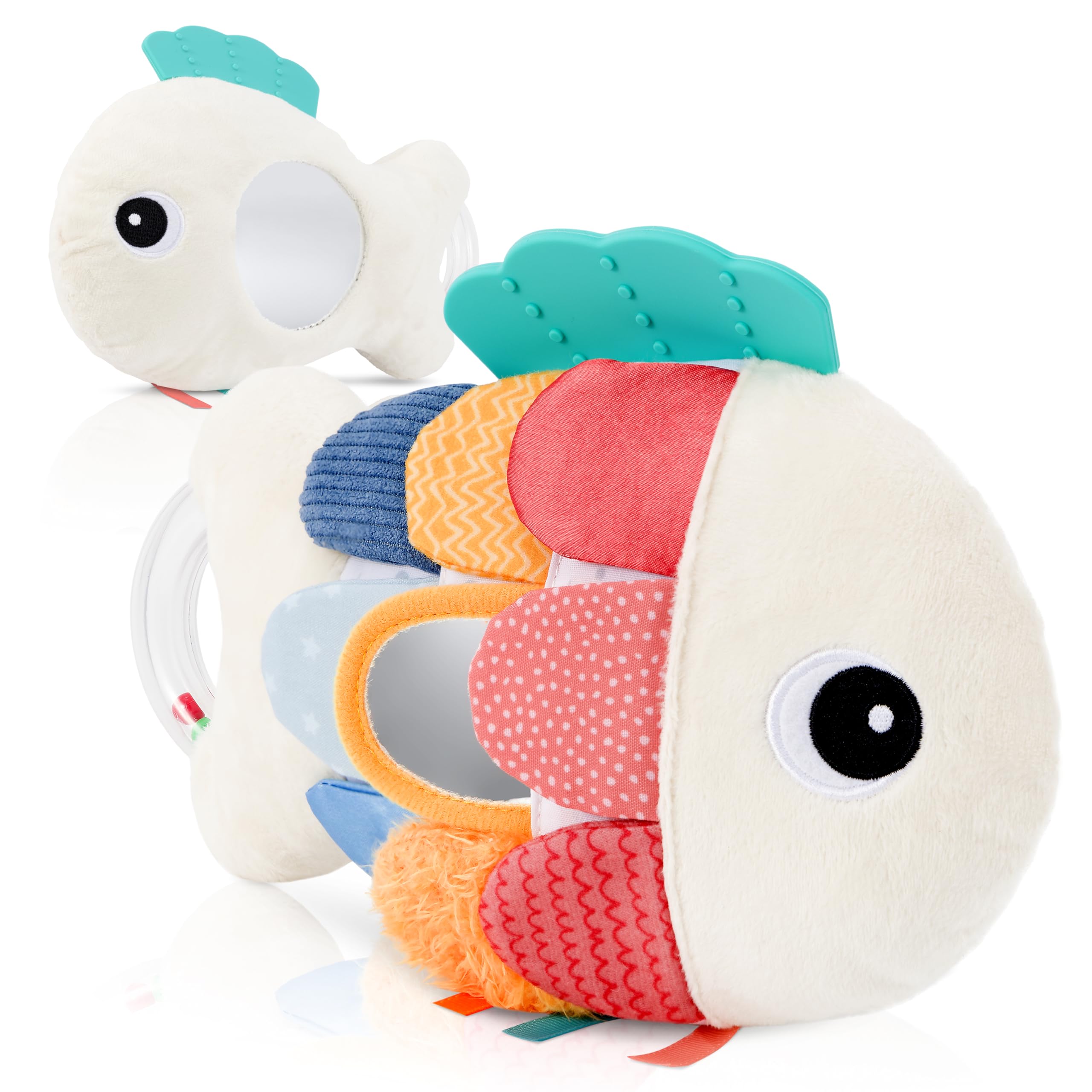 Soft Baby Sensory Toy with Tummy Time Mirror - Entertaining Fish Toy for Infants 0-6, 3-6, 6-12 Months with Rattle & Crinkle Paper - Perfect Montessori for Baby Showers & as Newborn/Infant Gift