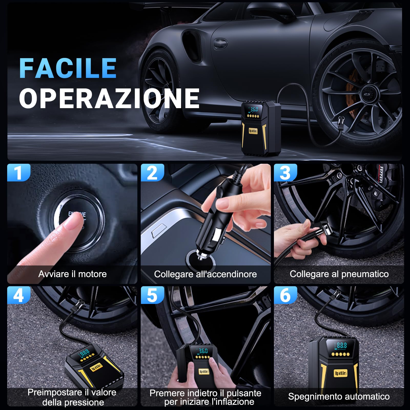 Compressore Aria Portatile Auto - Compressore Portatile Digitale 12 V DC, Compressore Auto d'aria da 150 PSI, Spegnimento Automatico per Pneumatici di Auto, Biciclette, Palloni da Calcio
