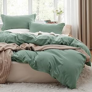 Bedsure Sage Green Duvet Cover Queen Size - 3 Pieces Prewashed Cotton-Like Extra Soft Bedding Set, Includes 1 Duvet Cover 90x90 Inches with Zipper Closure & 2 Pillow Shams, Comforter Not Included