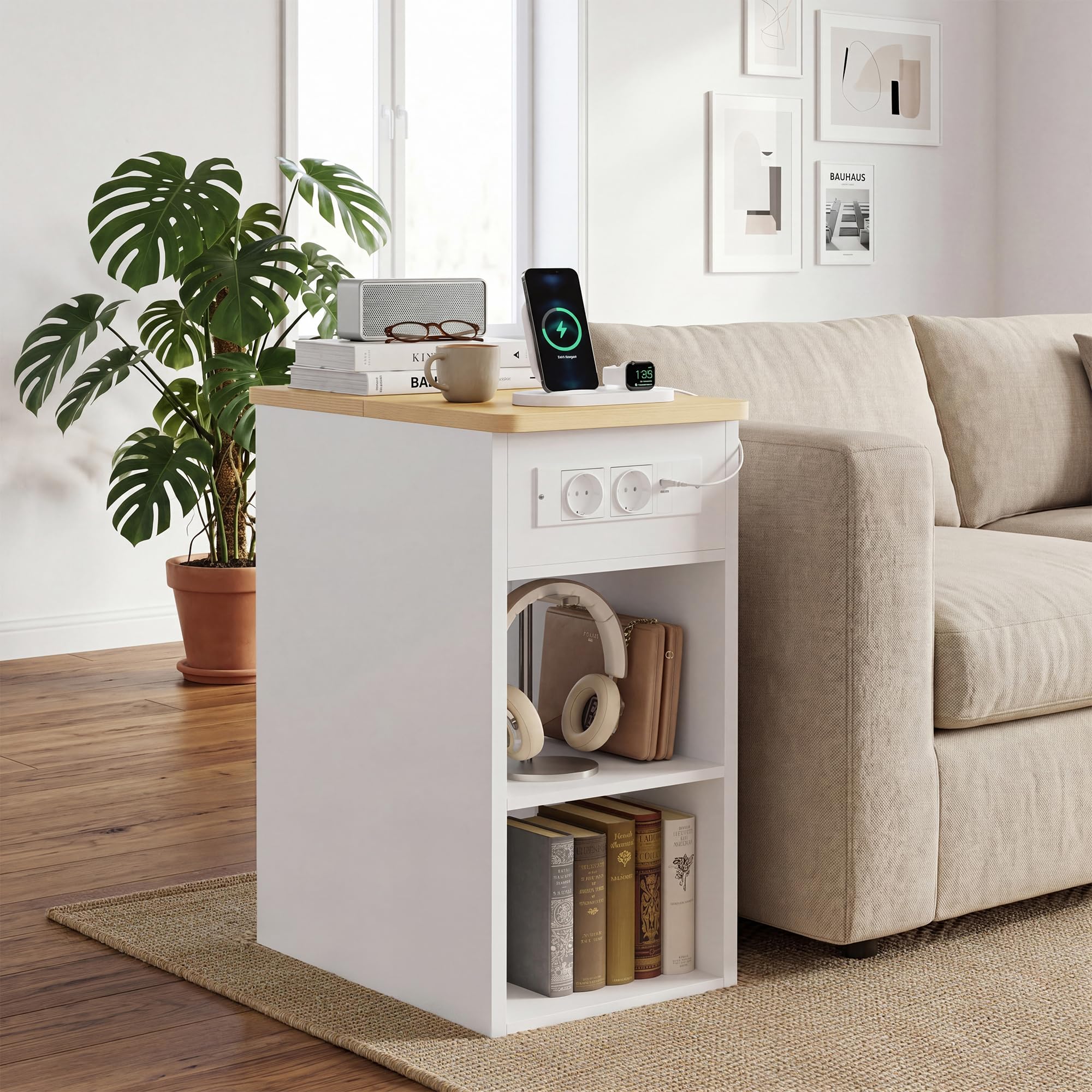 YOUDENOVA Nachttisch Schmal 30 cm, Beistelltisch mit Ladefunktion 2 AC, 1x USB-A und 1x USB-C, Nachtschrank Modern mit 2 Offene Regale und Versteckte Fächer, fürs Wohnzimmer, Schlafzimmer, Natur
