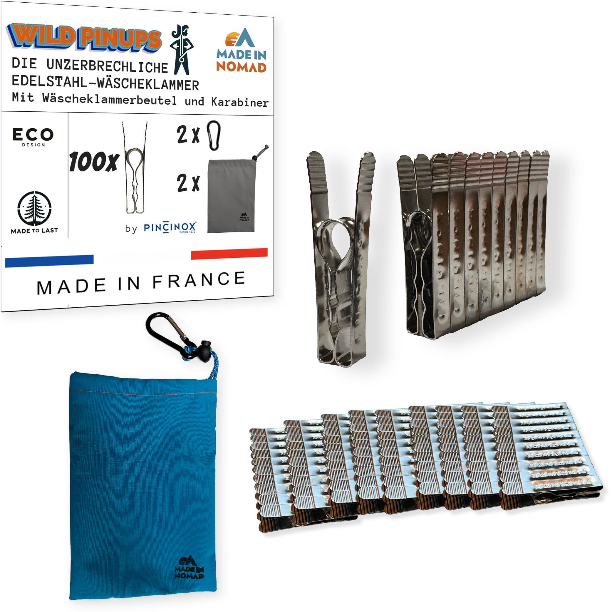 Wild PinUps:100 Unzerbrechliche Edelstahl Wäscheklammern Pincinox mit Wäscheklammerbeutel und Karabiner. Für Waschküche, Wäscheleine, Wäschespinne. Robuste und langlebige Wäscheklammern Made in France