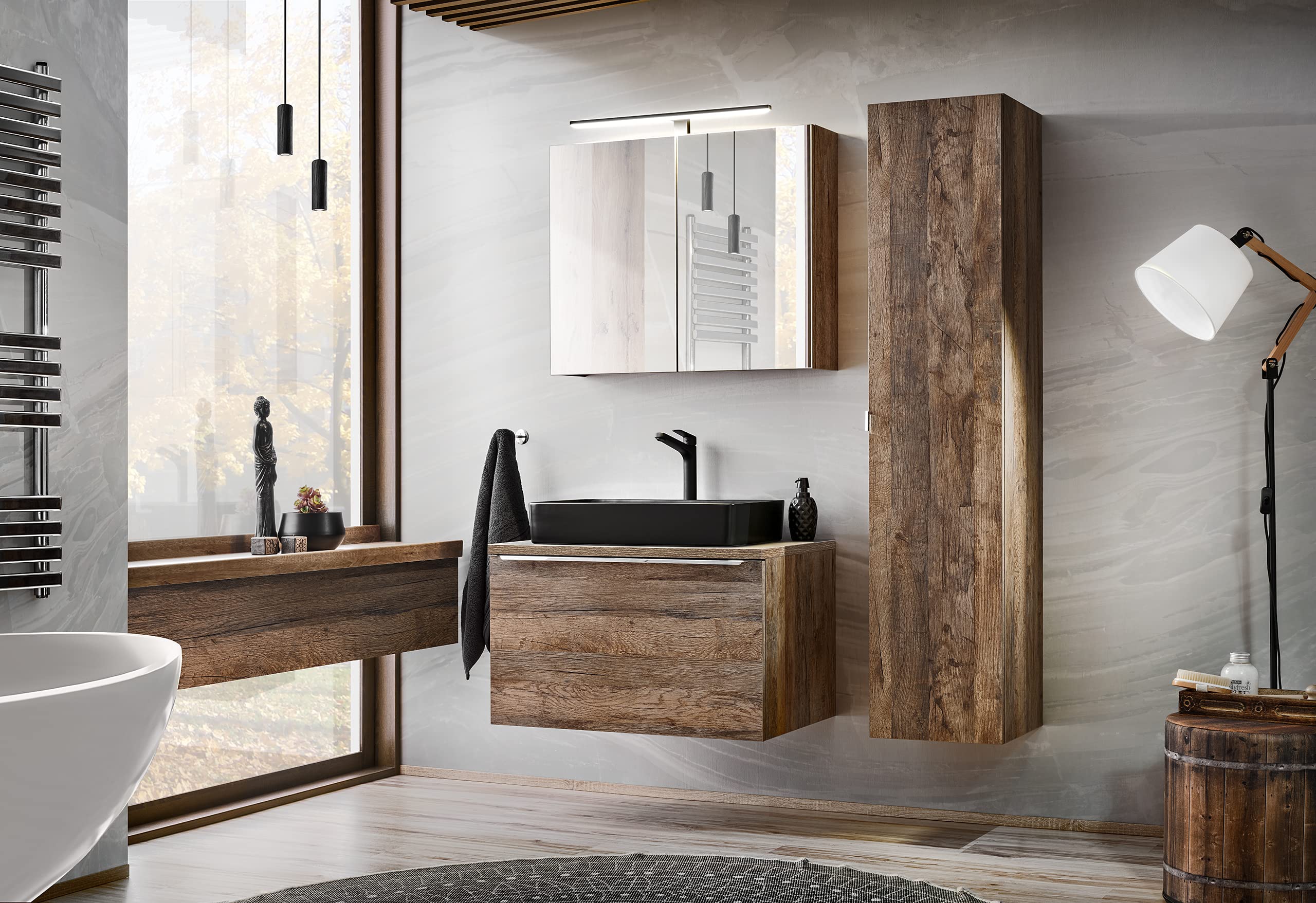 Mebel umywalkowy 80 cm Santa FE Oak, Mebel umywalkowy z blatem, wiszące meble łazienkowe, Nowoczesne meble łazienkowe, kolor dąb Santa fe (bez blatu roboczego)