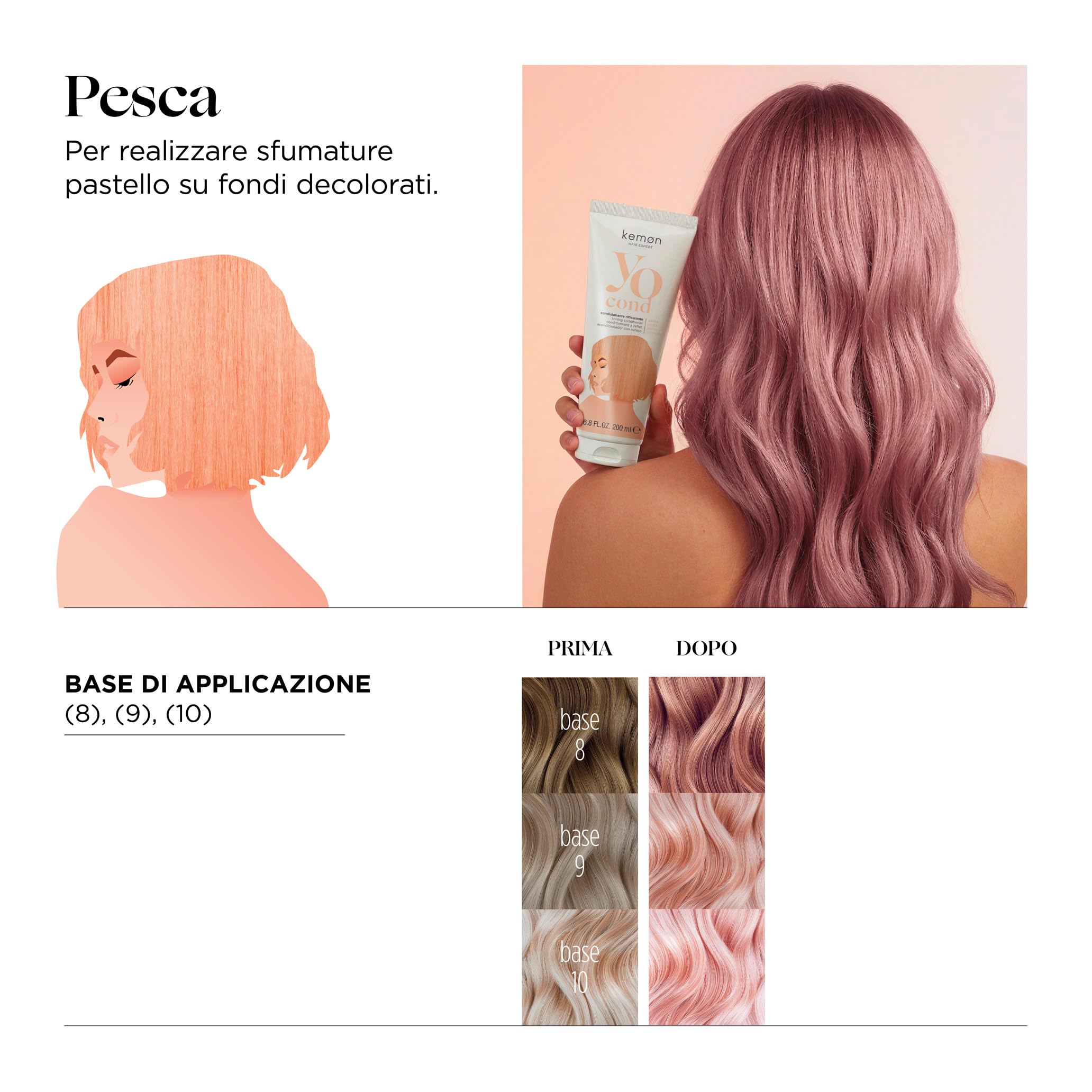 Kemon Yo Cond Pesca - Maschera Riflessante Professionale con Formula YoVeg e Velian Complex, Nutre e Illumina i Capelli in 3 Minuti, 88% Ingredienti Naturali, 200 ml