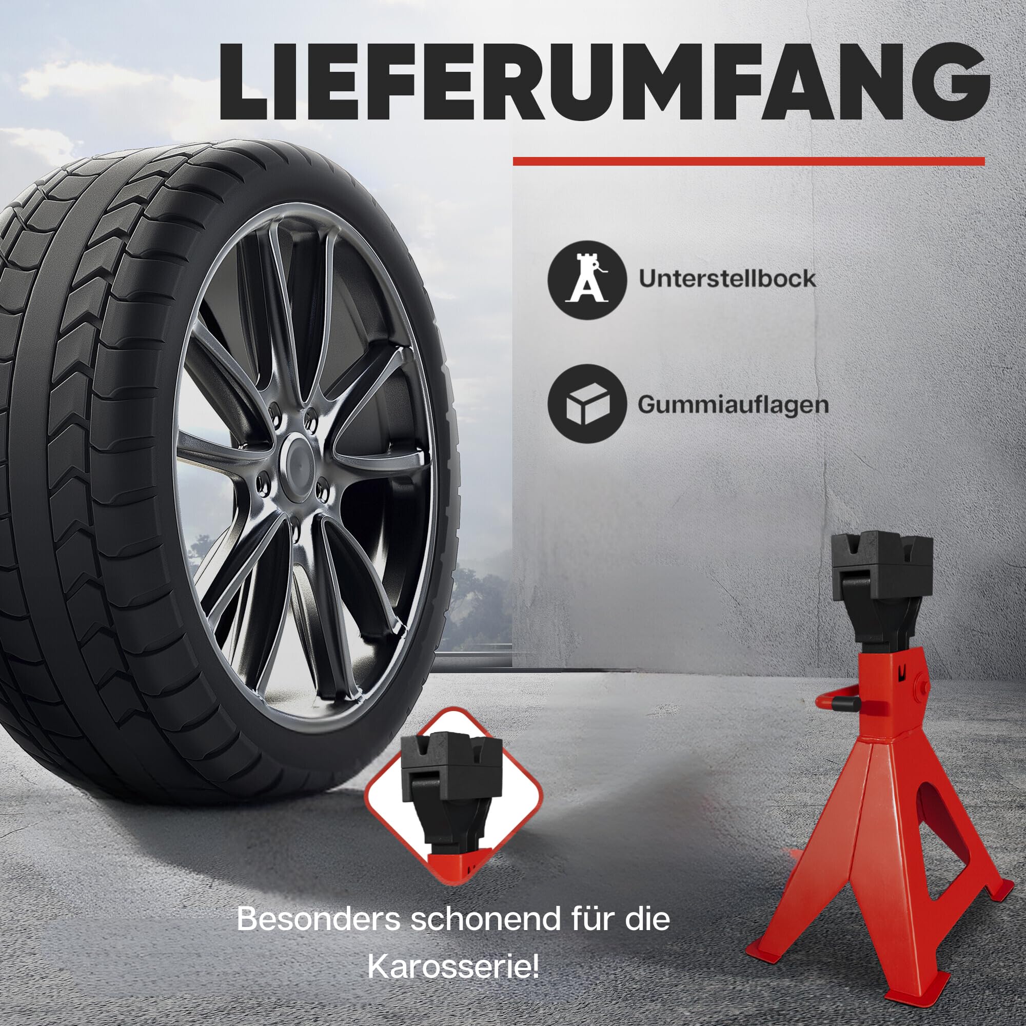 Unterstellbock 3T – Höhenverstellbar, mit Sicherungssperre, robuste Stahlkonstruktion, Gummiauflage für Karosserieschutz – Perfekt für Auto, SUV, Wohnmobil – Tragkraft bis 3 Tonnen