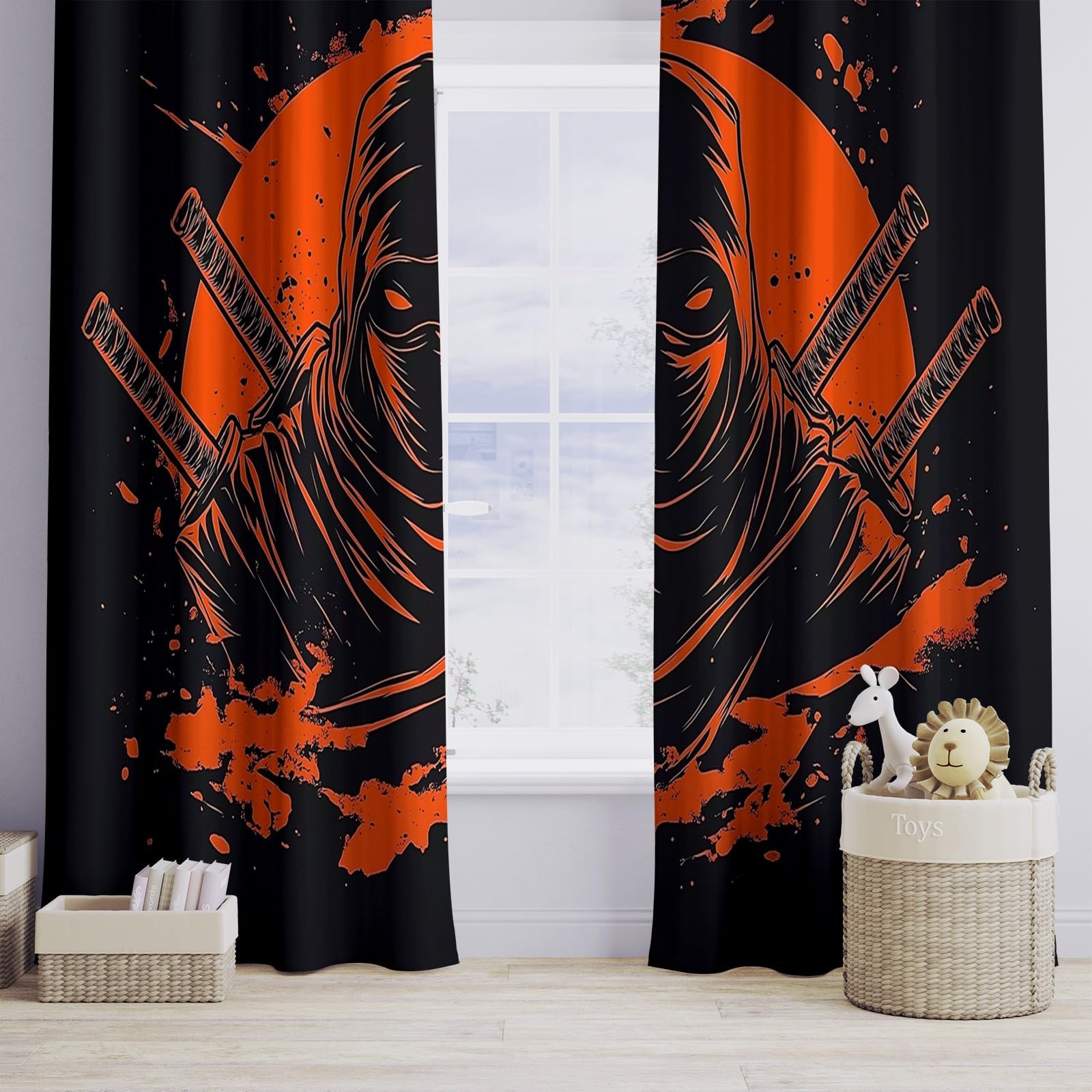 Folia Retro Ninja Termiczna zasłona zaciemniająca, ochrona przed zimnem i ciepłem, oszczędność energii, idealna do sypialni i salonu, 220 x 215 cm, pomarańczowa, czarna, 2 sztuki