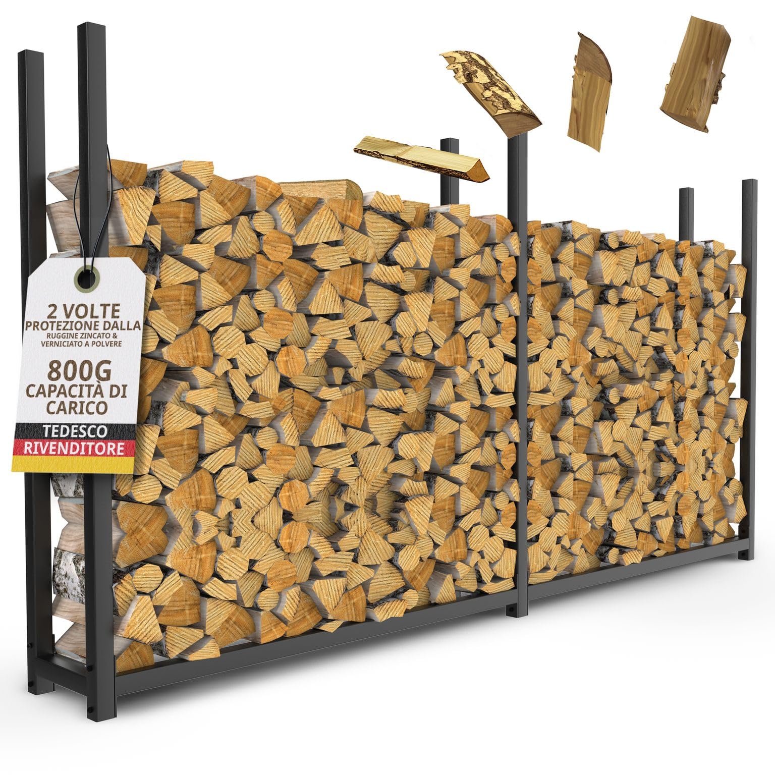 LAWA Rastrelliera per Legna da Ardere in Metallo Zincata 223x25x115cm Nera | Verniciata a Polvere, Per Esterni, Senza Telone, Per Giardino, Legnaia da Esterno, Scaffale per legna