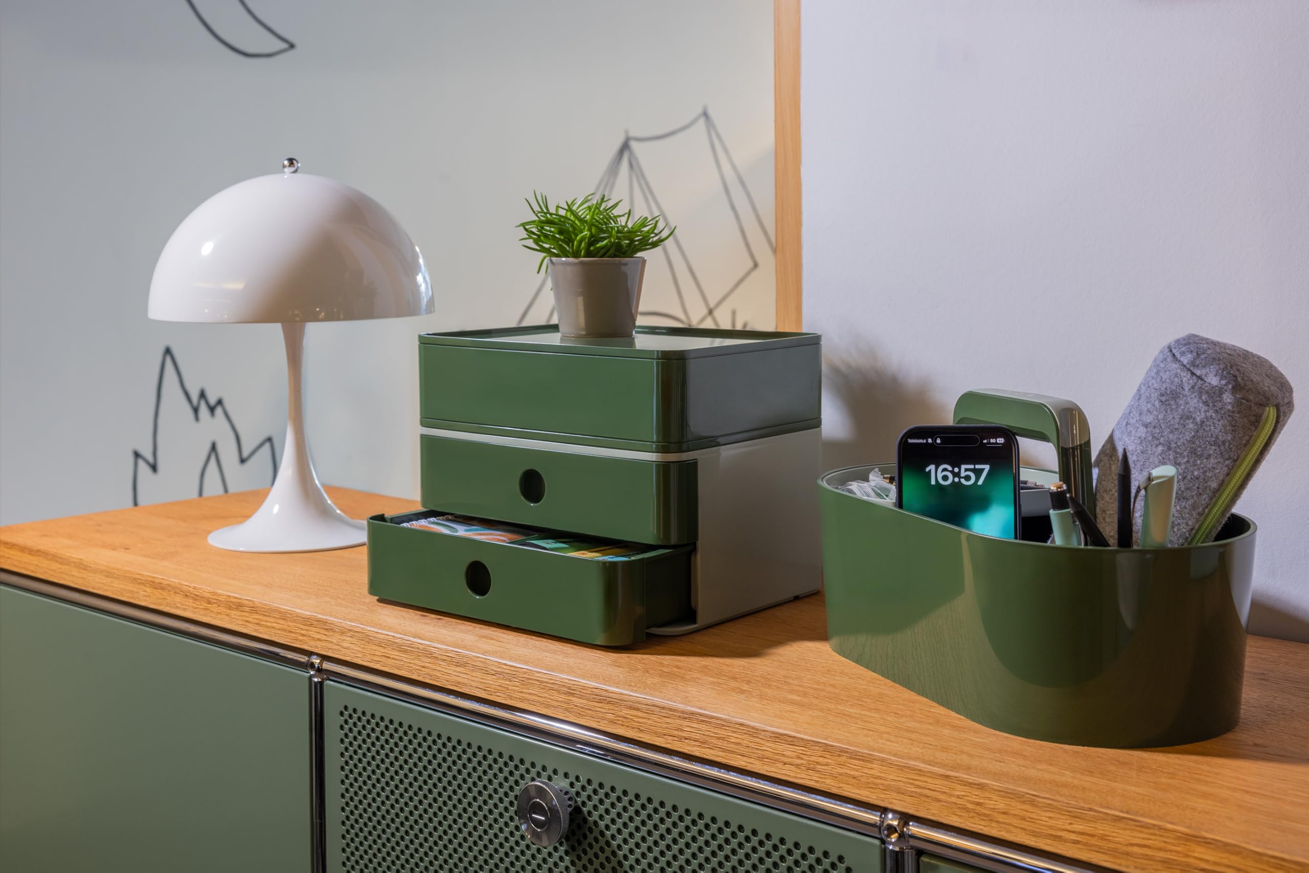HAN Allison Smart-BOX - Cassettiera con 2 cassetti e divisorio, impilabile, per ufficio, scrivania, cucina, piedini in gomma per mobili, 1120-40, colore: verde lucido