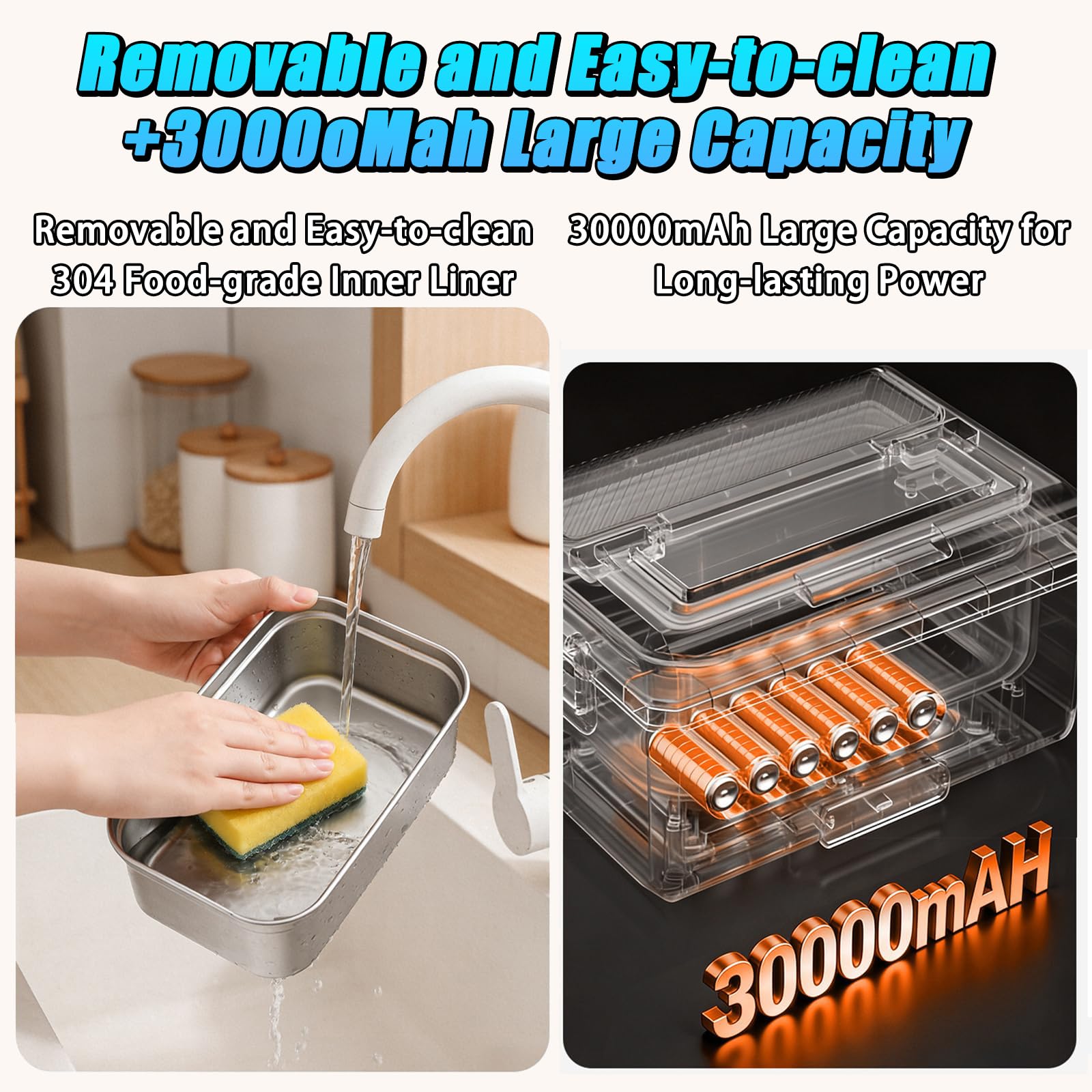 Fiambrera eléctrica inalámbrica, calentador de alimentos portátil de 1,5 L con batería de 30000 mAh y temporizador de 8 velocidades, lonchera térmica recargable para oficina y uso al aire libre