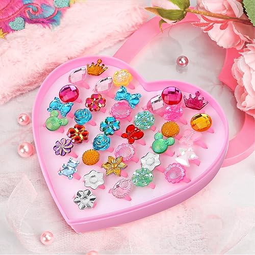 Miniatura 6 de BXDOW 36 anillos de joyería para niñas pequeñas en caja, anillos de juego de simulación y disfraces para niños, lindos anillos para niñas de 3 a 12