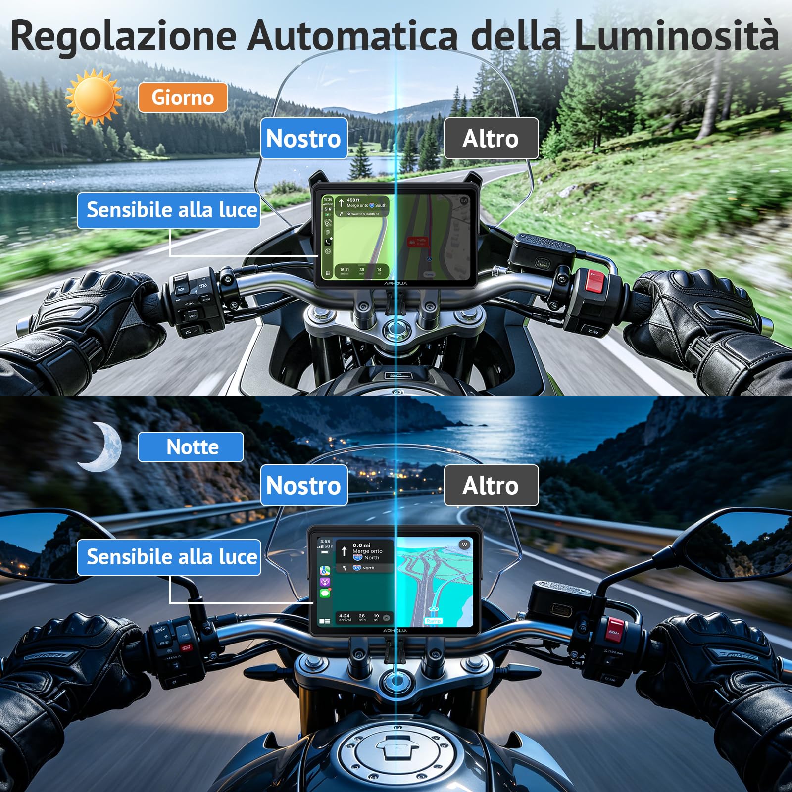 Moto Carplay Display 7 Pollici Impermeabile Touch Screen Sistema di Controllo della Pressione Pneumatici (TPMS), CarPlay Wireless e Android Auto per Moto, Dual Bluetooth, Navigazione GPS