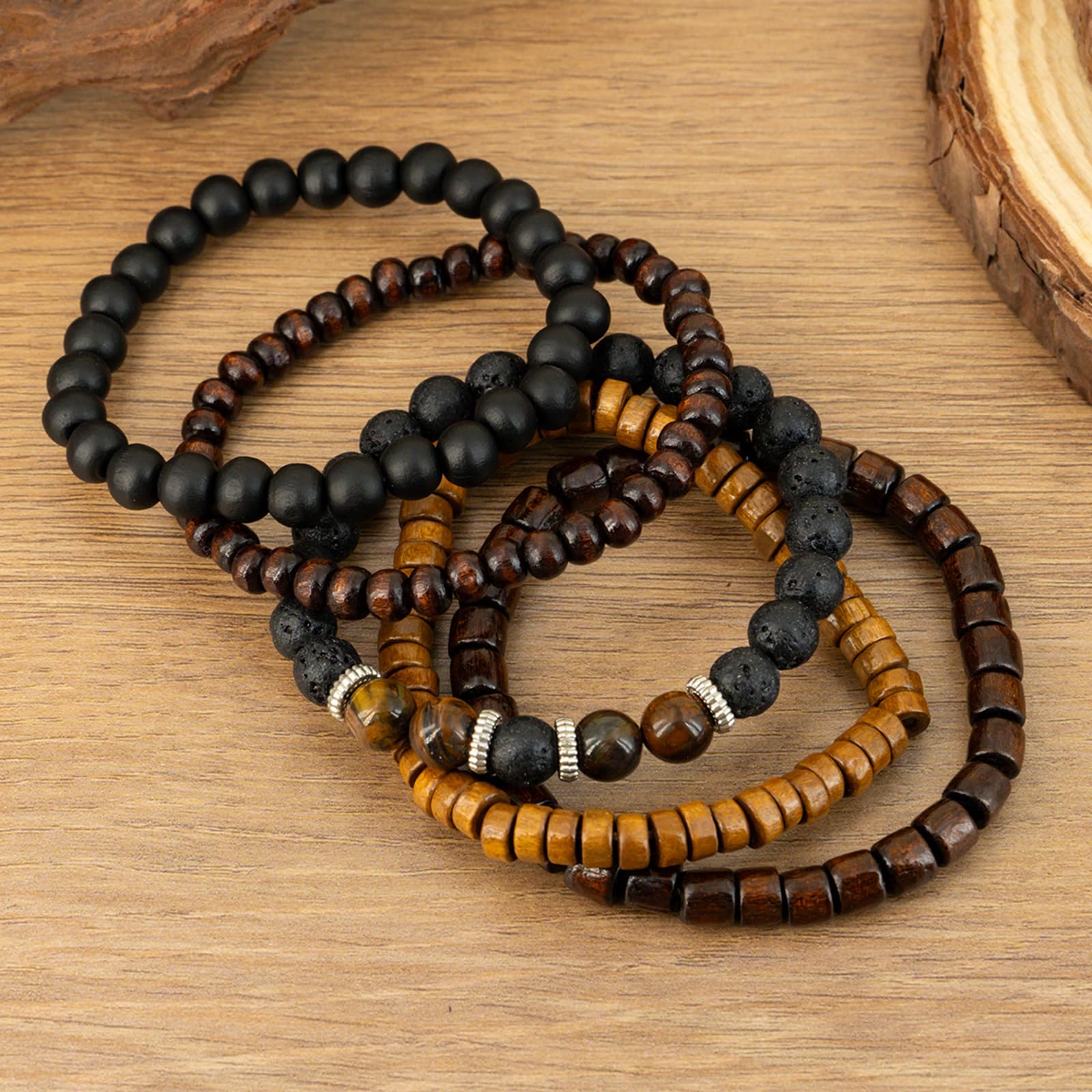 Set di 5 Braccialetti con Perline di Legno, Unisex, Stile Rustico Bohémien, Accessorio di gioielleria Vintage alla Moda, per Uomo e Donna