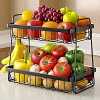 Sakugi 2-Tier Rustproof Fruit Basket with Removable Banana Hanger - Space-Saving Kitchen Counter Bowl, Handles, Black 13.4x8.7x11.7"