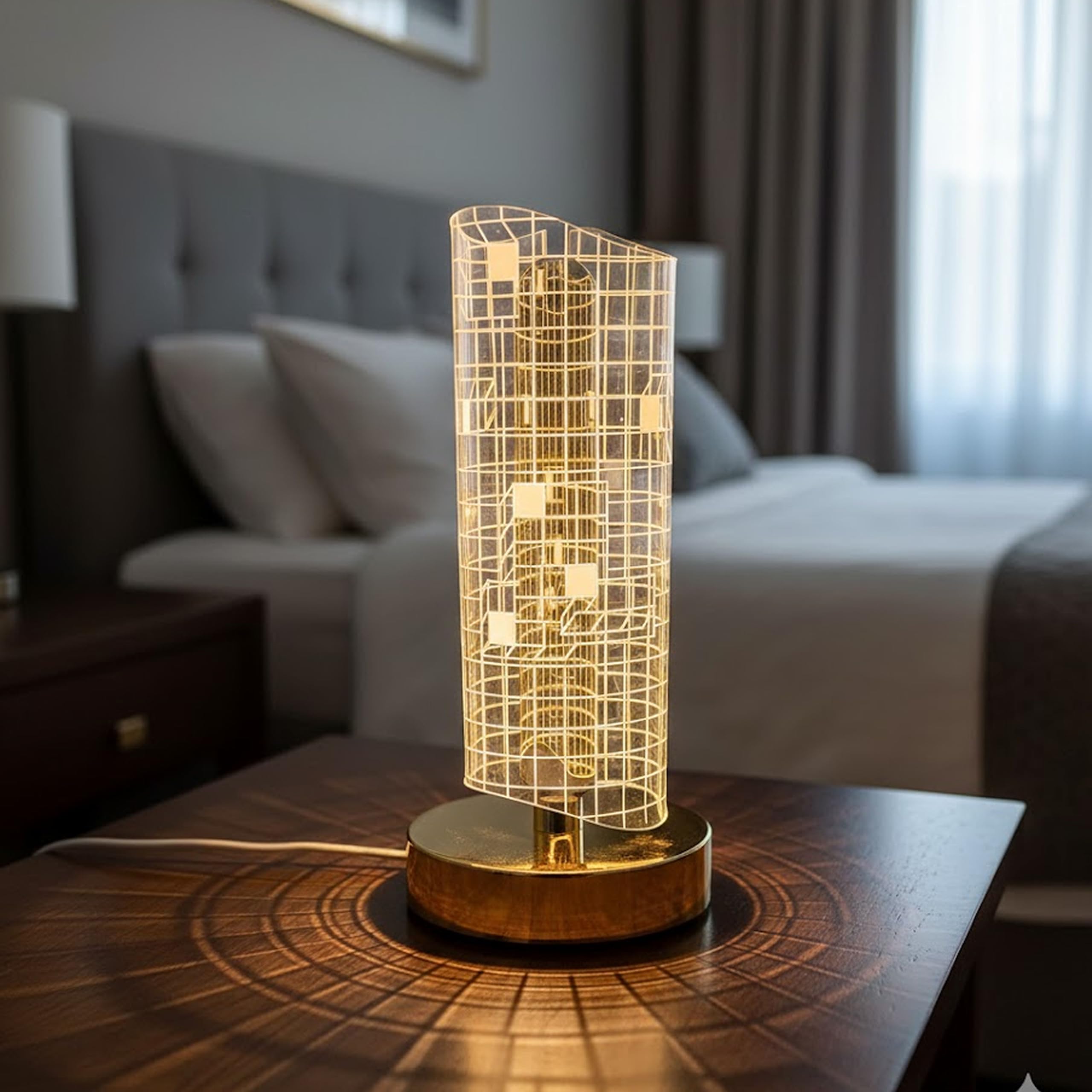 MPROW 3D Acrylic Grid LED Table Lamp (Gold Base) Table Lamp (32 cm, Rectangular Grid)-image-5